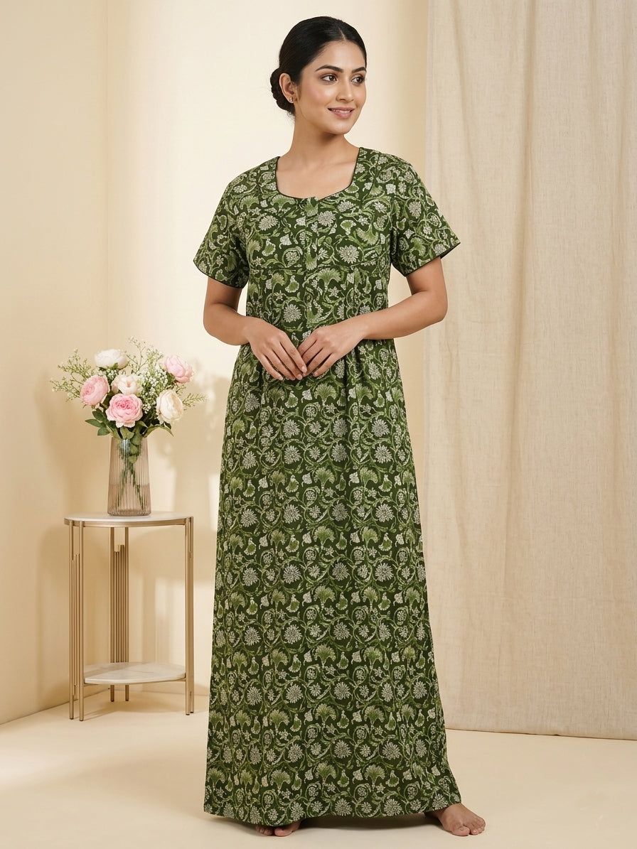 MANGAI Premium Cotton Printed Pleated Model Half Sleeve 3XL Size Nighties With Fancy Neck | With Side Pocket (3PZ)