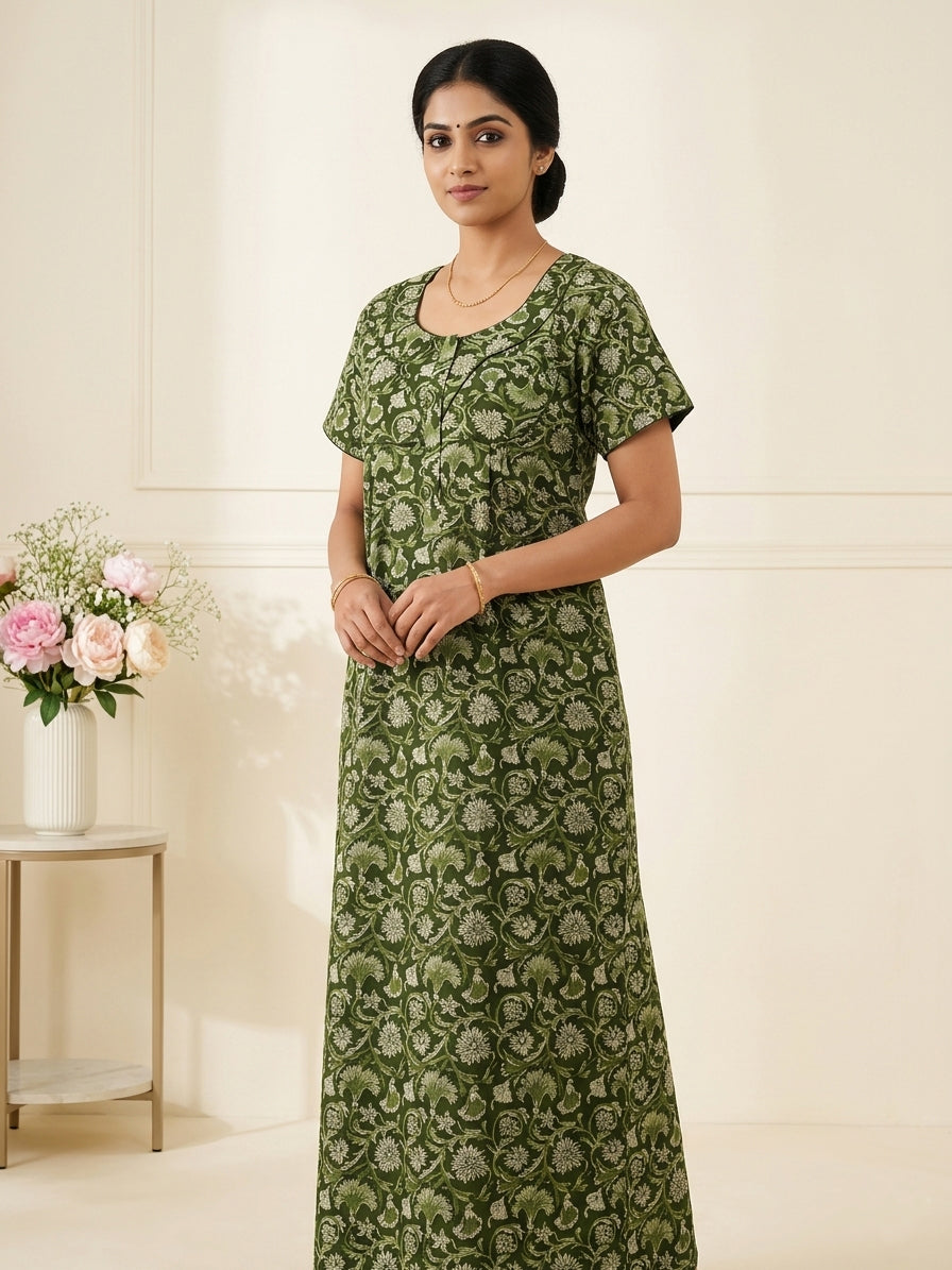 MANGAI Premium Cotton Printed Pleated Model Half Sleeve 3XL Size Nighties With Fancy Neck | With Side Pocket (3PZ)