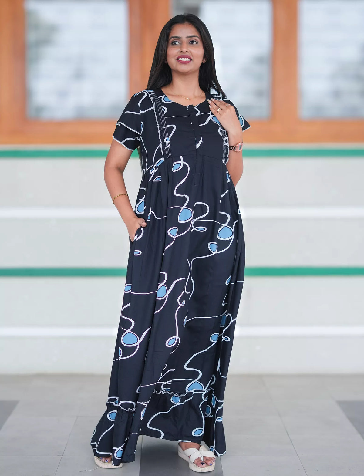 Navy Abstract Loop Print Rayon Front Zipper Feeding Full Frock with Layer Sleeve - Mangai Nighties