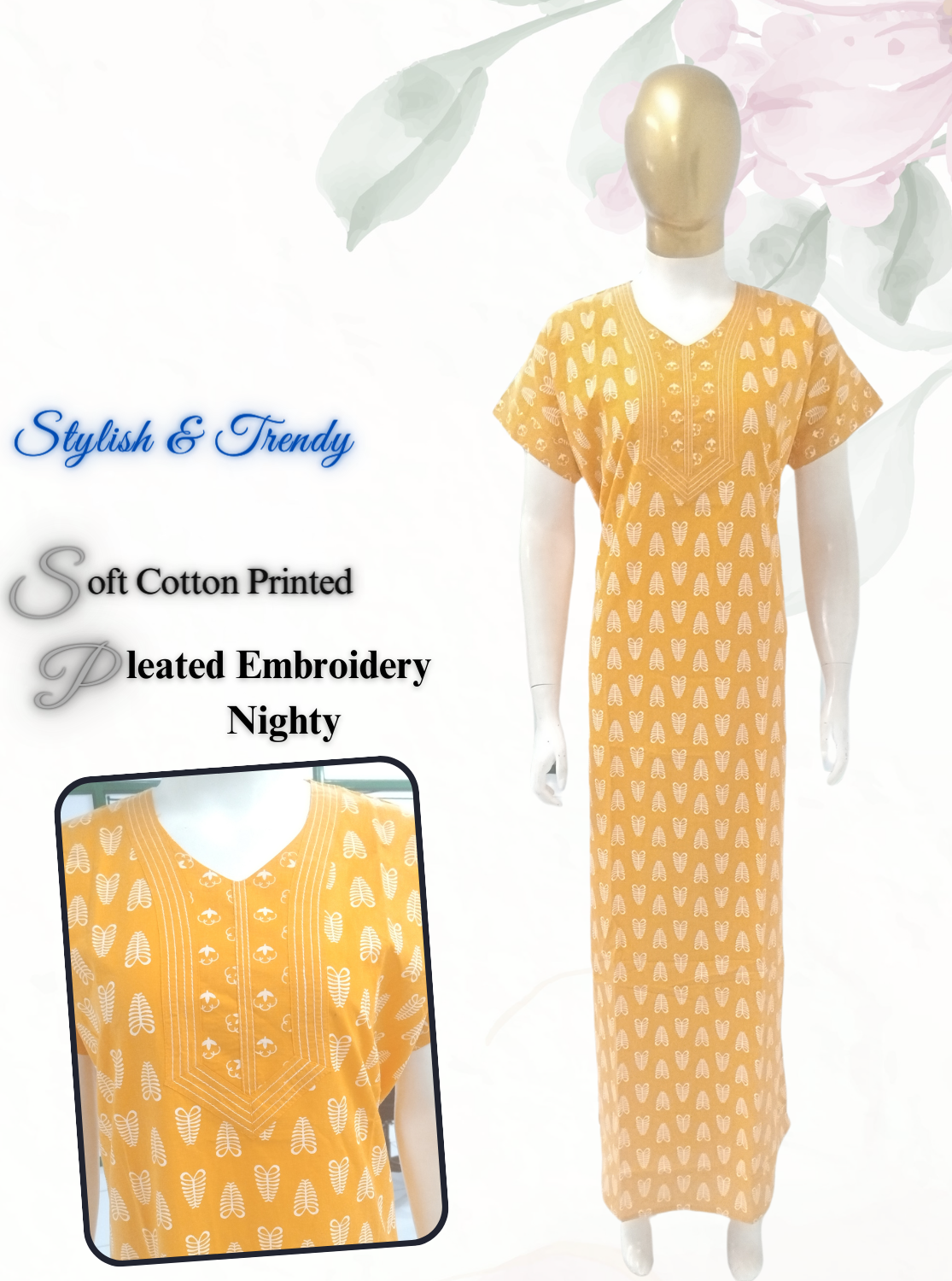 MANGAI New Collection Premium Cotton Embroidery Printed Nighties- All Over Printed Stylish Nightwear for Stylish Women | Trendy Embroidery Neck | Pleated Model (HMS)