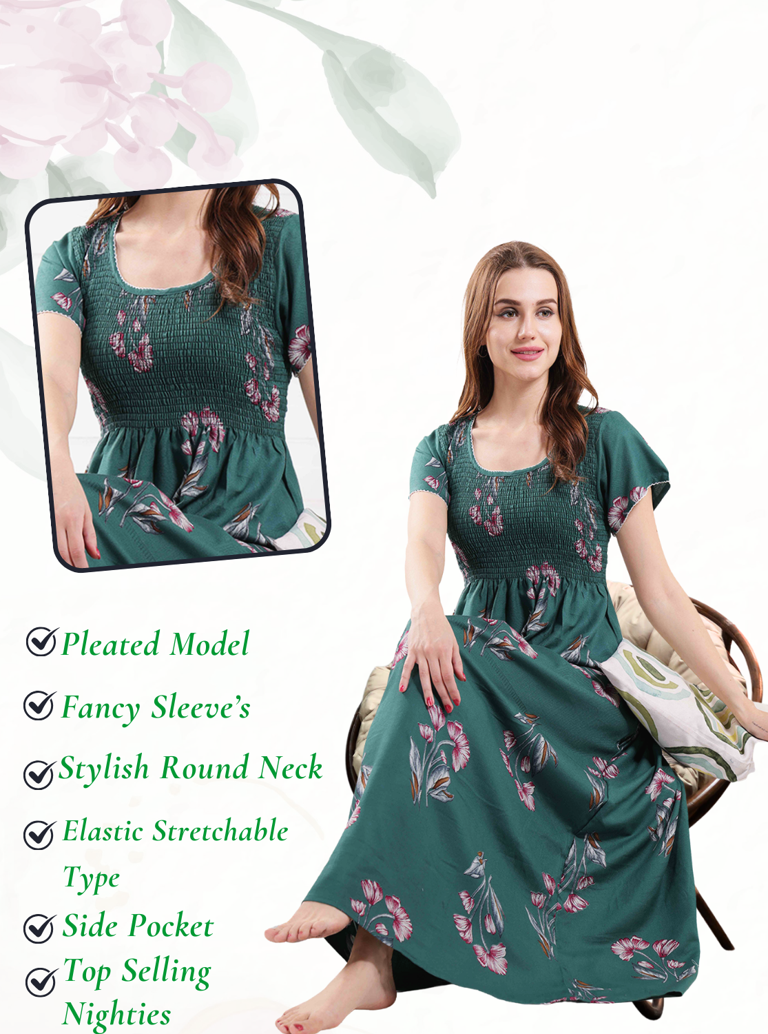 New Arrivals ALPINE Smokey Nighty | Beautiful Pleated Design | Side Pocket | Stylish Nighty for Trendy Women's | Your Perfect Nightwear Collection's (ALS)