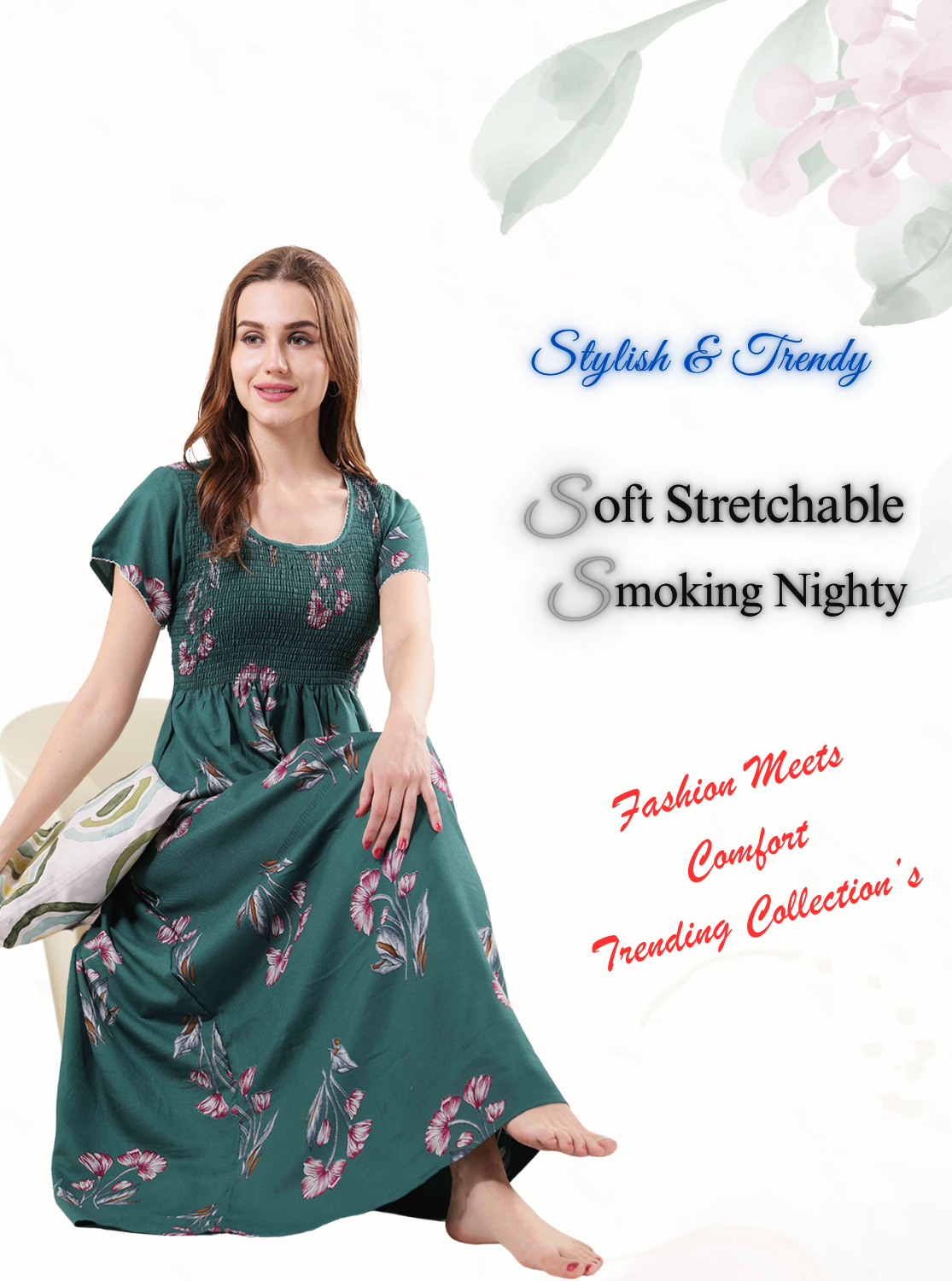 New Arrivals ALPINE Smokey Nighty | Beautiful Pleated Design | Side Pocket | Stylish Nighty for Trendy Women's | Your Perfect Nightwear Collection's (ALS)