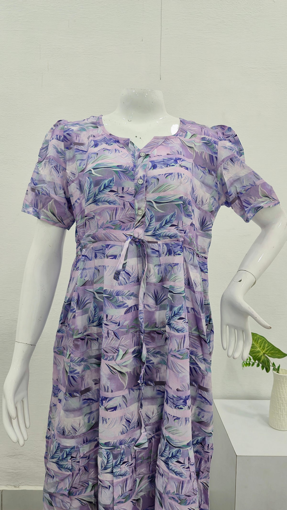 Rayon Colourful Foil Printing Gathering Frock Model Nighties | Side Pocket and Gathering Front Rope | Fancy Sleeve & Maxi Frock Nightwear for Stylish Women's (FGF)