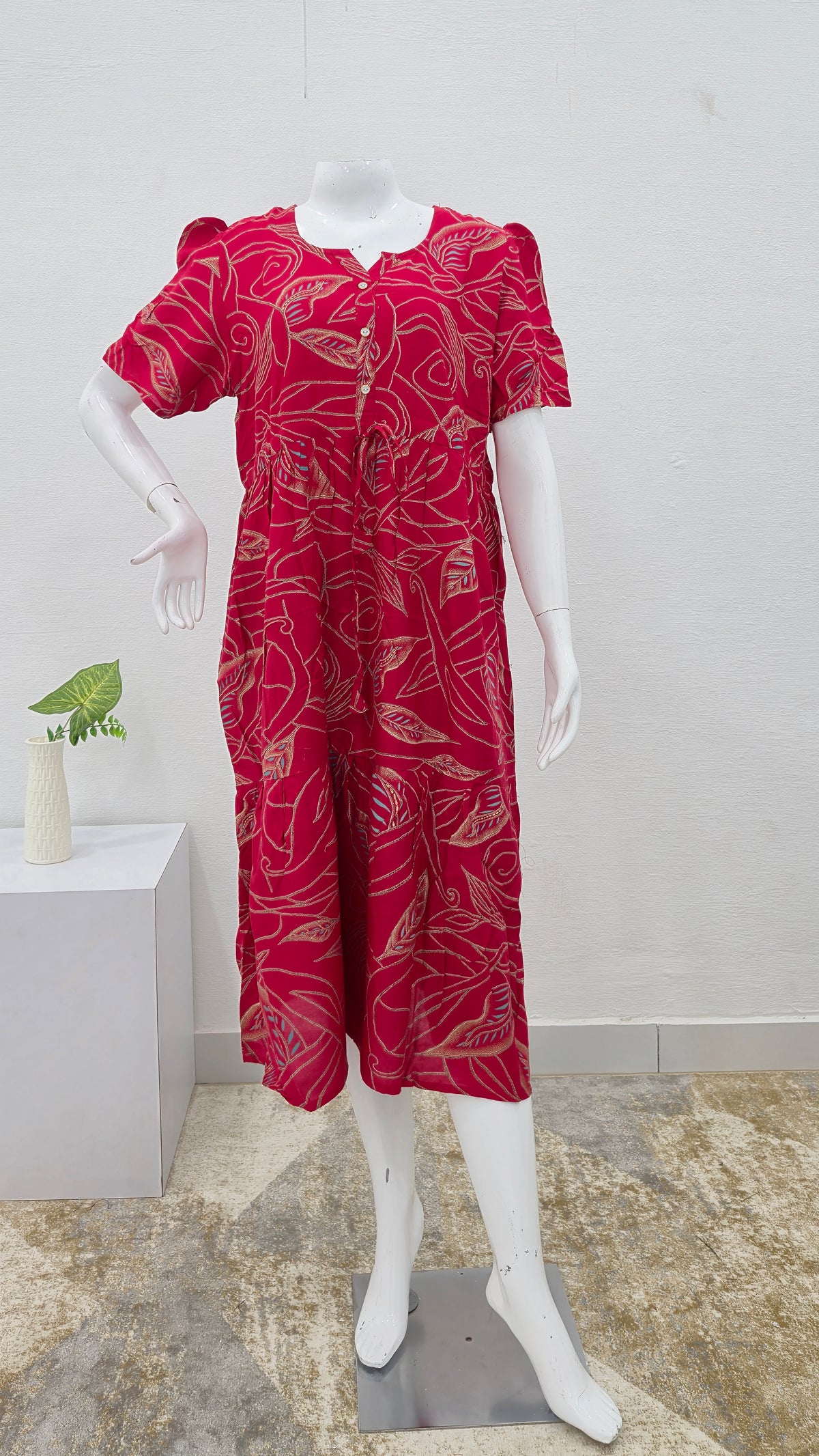 Rayon Colourful Foil Printing Gathering Frock Model Nighties | Side Pocket and Gathering Front Rope | Fancy Sleeve & Maxi Frock Nightwear for Stylish Women's (FGF)