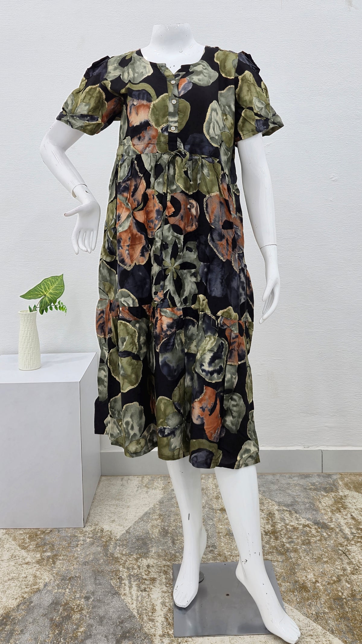 Rayon Colourful Foil Printing Gathering Frock Model Nighties | Side Pocket and Gathering Front Rope | Fancy Sleeve & Maxi Frock Nightwear for Stylish Women's (FGF)