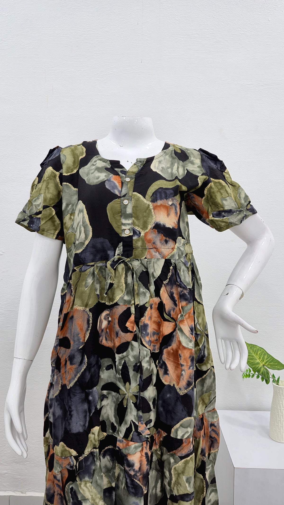 Rayon Colourful Foil Printing Gathering Frock Model Nighties | Side Pocket and Gathering Front Rope | Fancy Sleeve & Maxi Frock Nightwear for Stylish Women's (FGF)