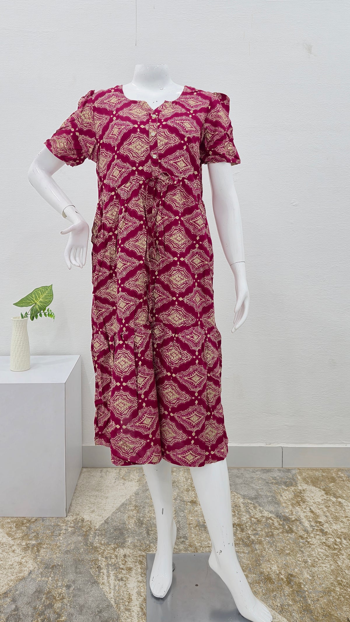 Rayon Colourful Foil Printing Gathering Frock Model Nighties | Side Pocket and Gathering Front Rope | Fancy Sleeve & Maxi Frock Nightwear for Stylish Women's (FGF)