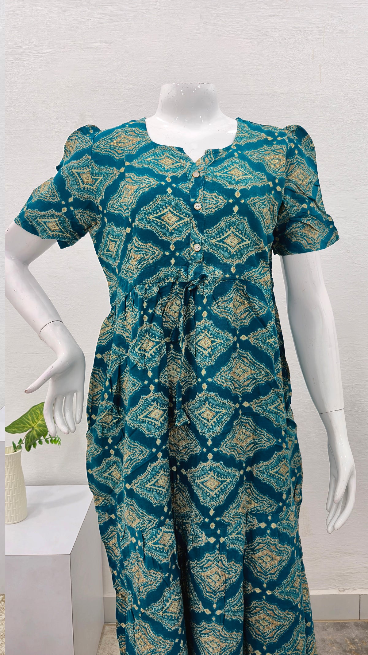 Rayon Colourful Foil Printing Gathering Frock Model Nighties | Side Pocket and Gathering Front Rope | Fancy Sleeve & Maxi Frock Nightwear for Stylish Women's (FGF)