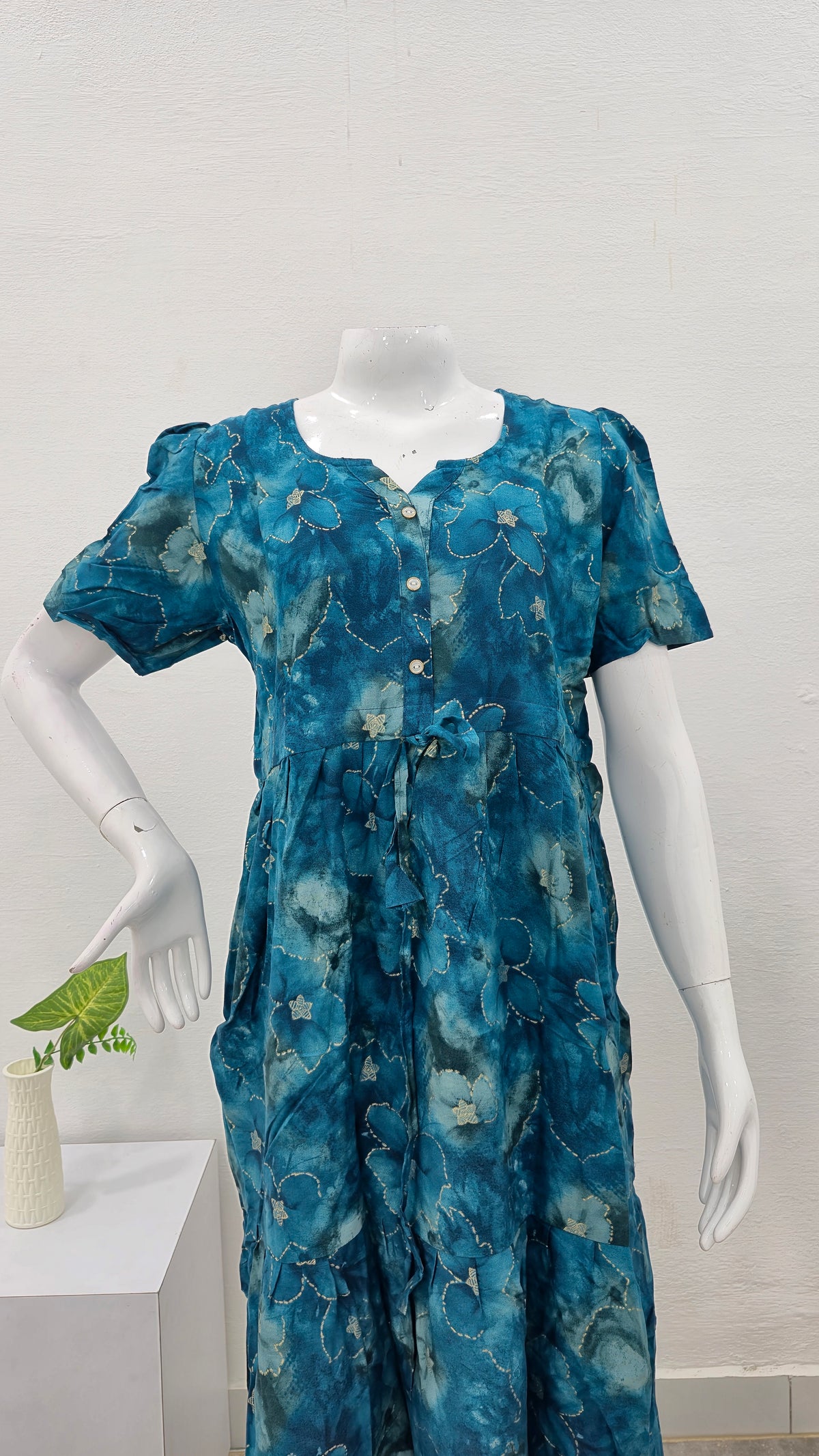 Rayon Colourful Foil Printing Gathering Frock Model Nighties | Side Pocket and Gathering Front Rope | Fancy Sleeve & Maxi Frock Nightwear for Stylish Women's (FGF)