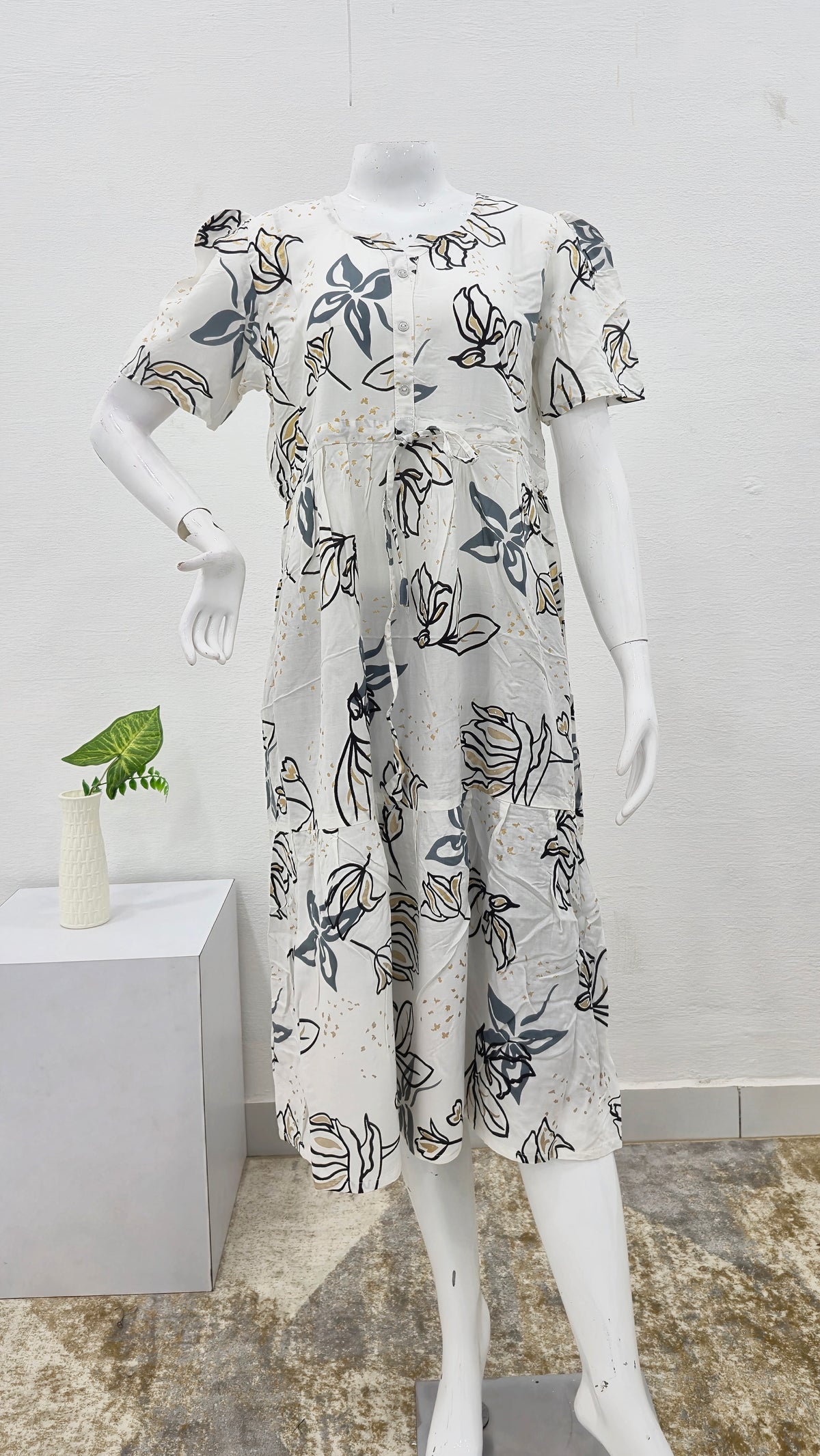 Rayon Colourful Foil Printing Gathering Frock Model Nighties | Side Pocket and Gathering Front Rope | Fancy Sleeve & Maxi Frock Nightwear for Stylish Women's (FGF)