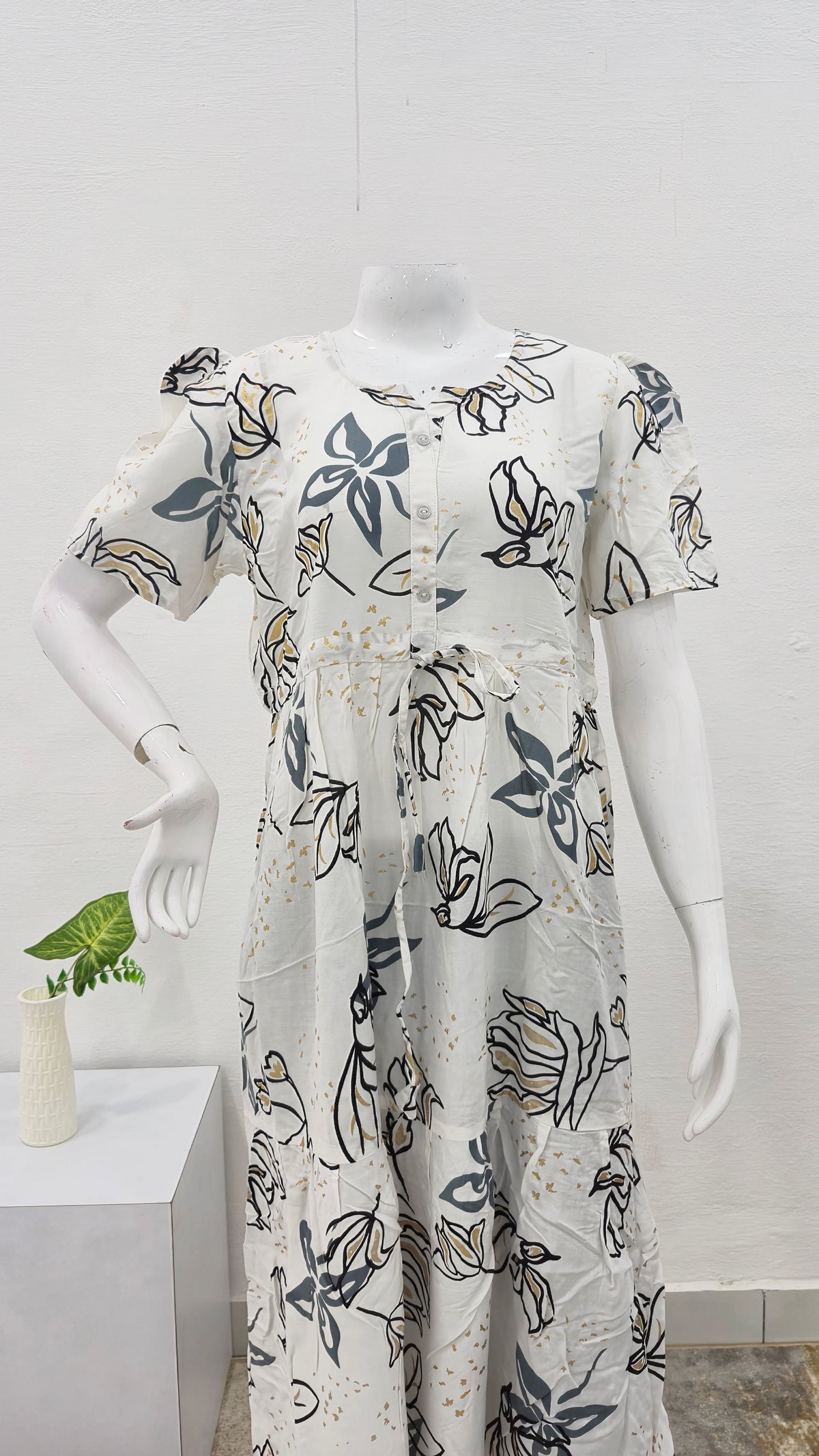Rayon Colourful Foil Printing Gathering Frock Model Nighties | Side Pocket and Gathering Front Rope | Fancy Sleeve & Maxi Frock Nightwear for Stylish Women's (FGF)