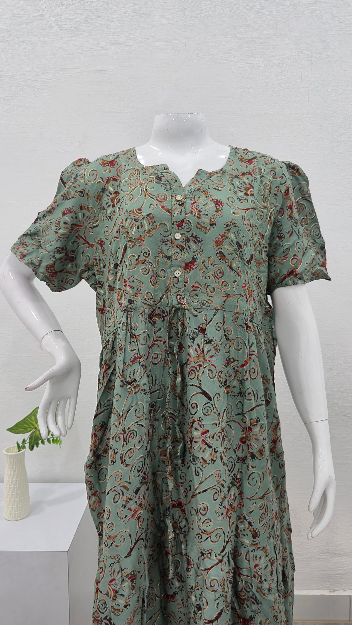 Rayon Colourful Foil Printing Gathering Frock Model Nighties | Side Pocket and Gathering Front Rope | Fancy Sleeve & Maxi Frock Nightwear for Stylish Women's (FGF)
