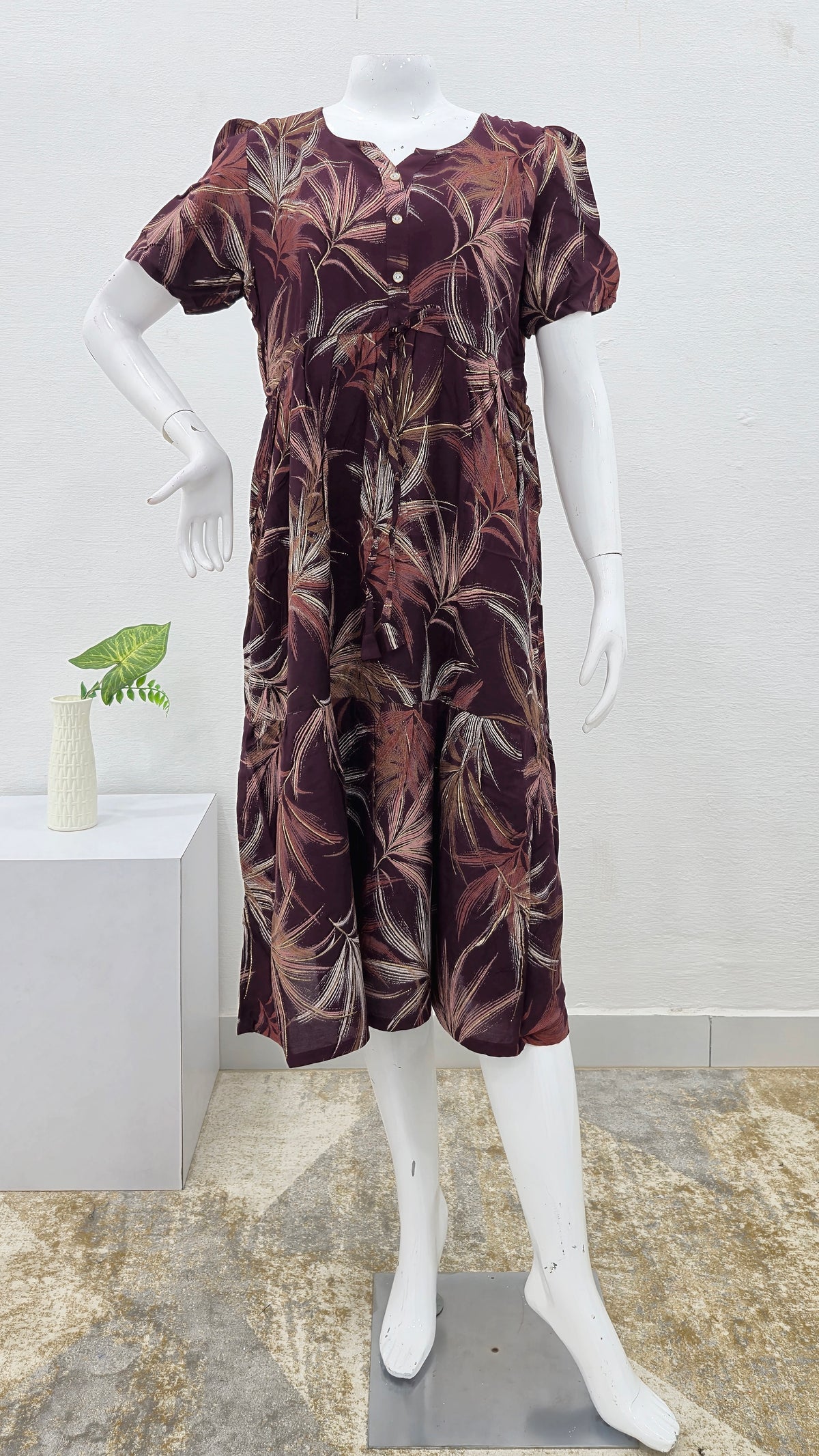 Rayon Colourful Foil Printing Gathering Frock Model Nighties | Side Pocket and Gathering Front Rope | Fancy Sleeve & Maxi Frock Nightwear for Stylish Women's (FGF)