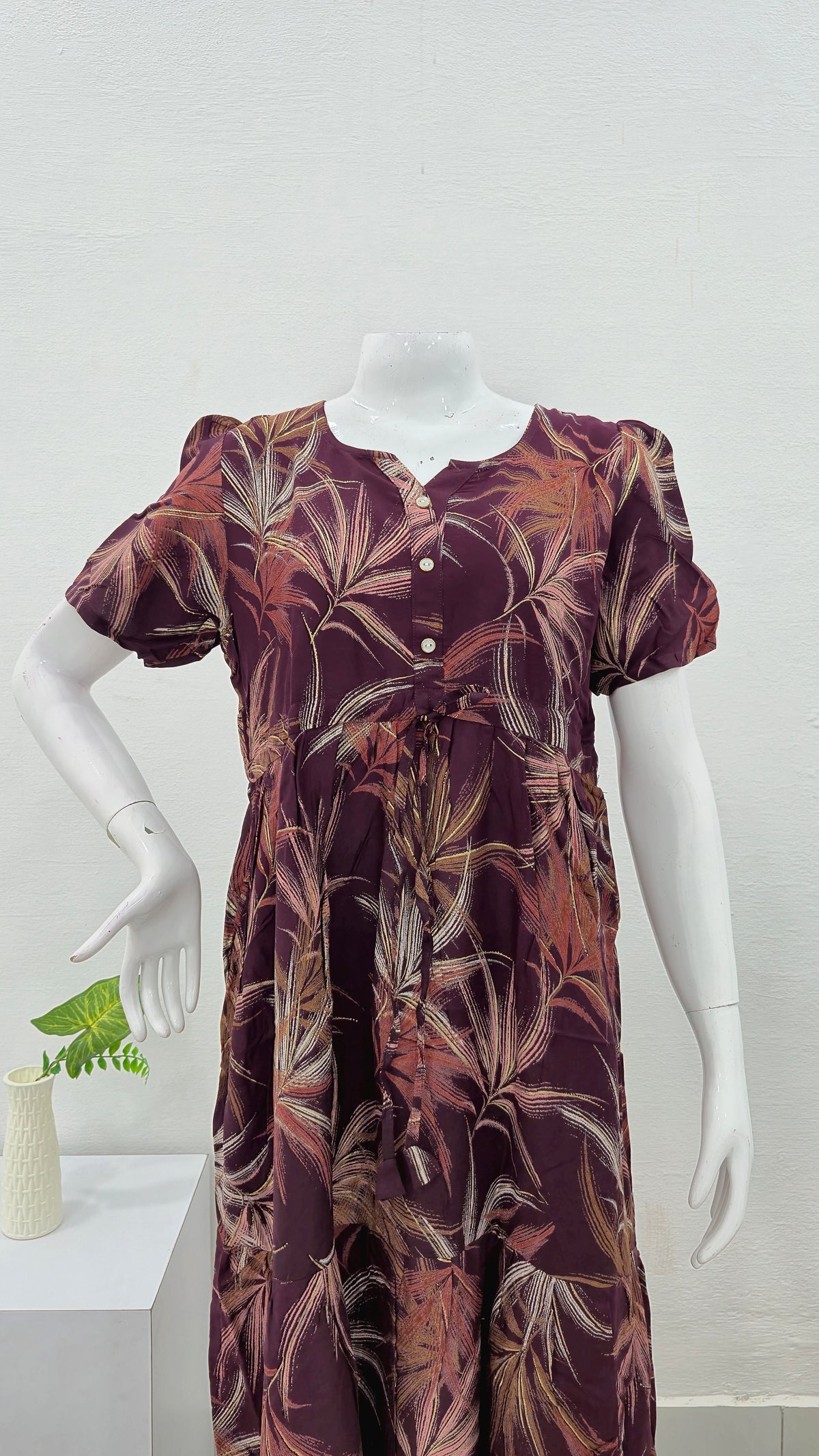 Rayon Colourful Foil Printing Gathering Frock Model Nighties | Side Pocket and Gathering Front Rope | Fancy Sleeve & Maxi Frock Nightwear for Stylish Women's (FGF)