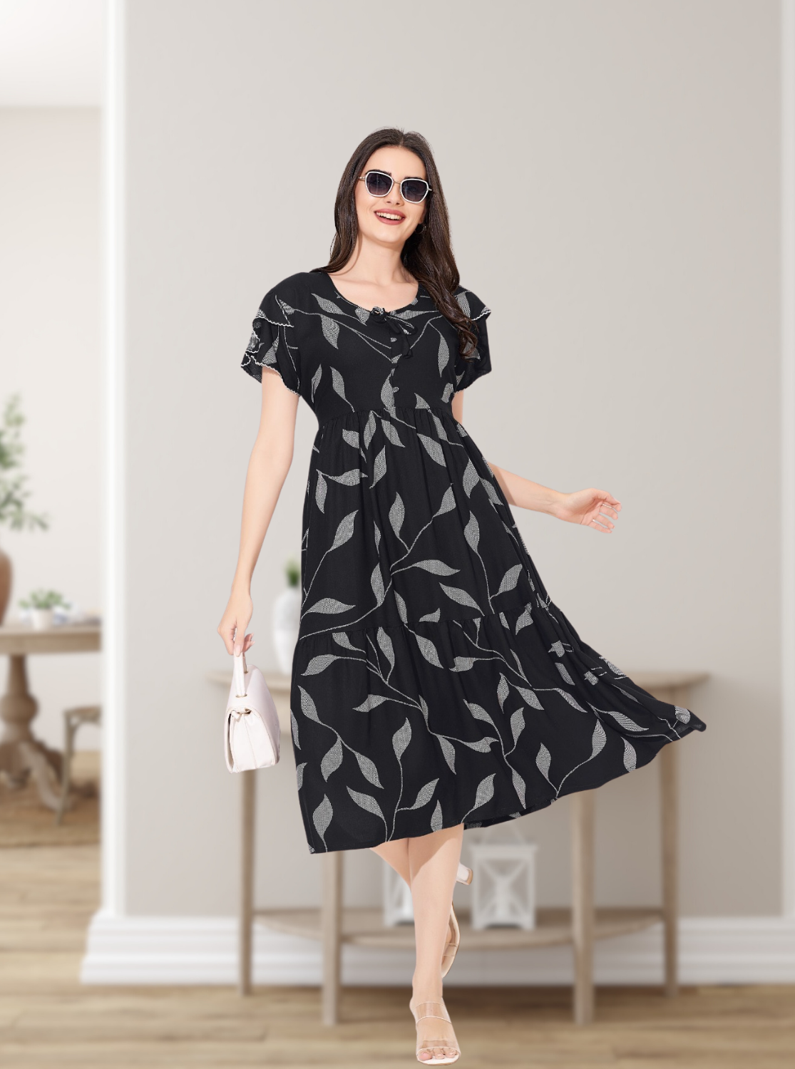Rayon MAXI FROCK Model Nighties | Fancy Petal Sleeve | Fancy Neck & Side Pocket | Pleated Frock MAXI Style | Trendy Collection's for Stylish Women & Teenage Girl (FSF)