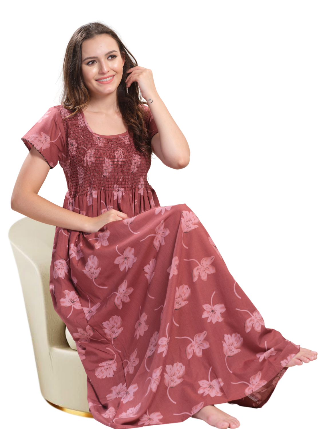 ONLY MINE Premium Smokey Nighty | Stretchable Elastic Type | Beautiful Pleated Model | Side Pocket | Stylish Nighty for Stylish Women's (OM-RAH)