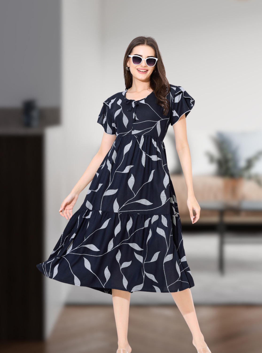 Rayon MAXI FROCK Model Nighties | Fancy Petal Sleeve | Fancy Neck & Side Pocket | Pleated Frock MAXI Style | Trendy Collection's for Stylish Women & Teenage Girl (FSF)