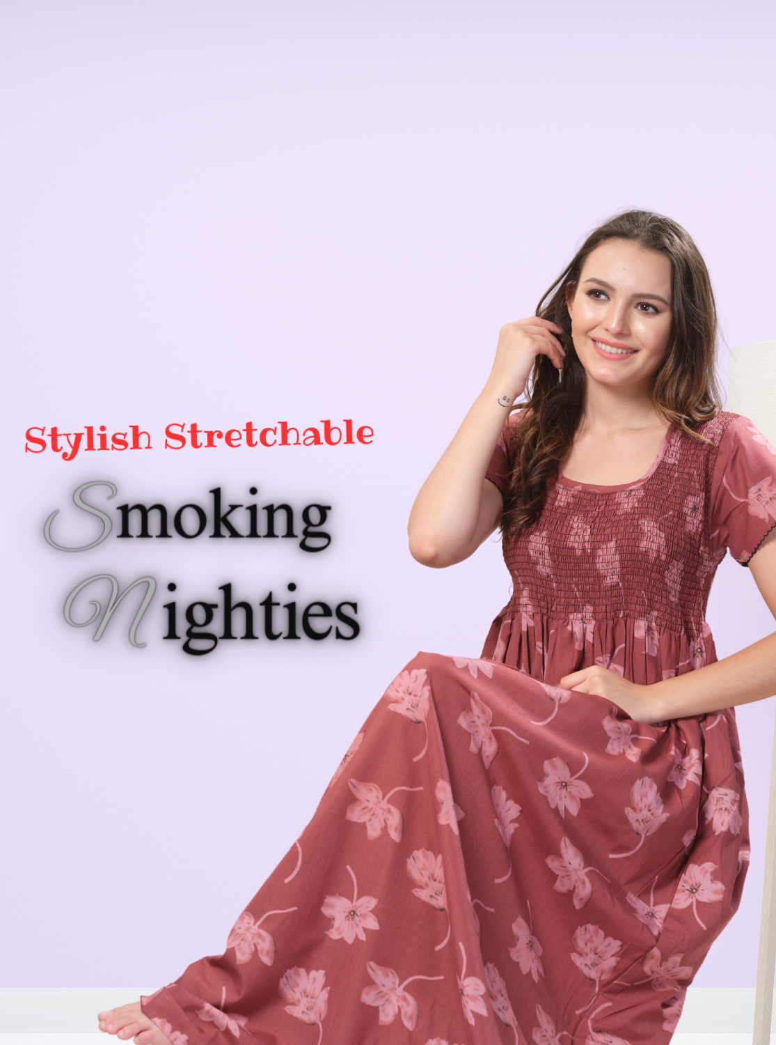 ONLY MINE Premium Smokey Nighty | Stretchable Elastic Type | Beautiful Pleated Model | Side Pocket | Stylish Nighty for Stylish Women's (OM-RAH)