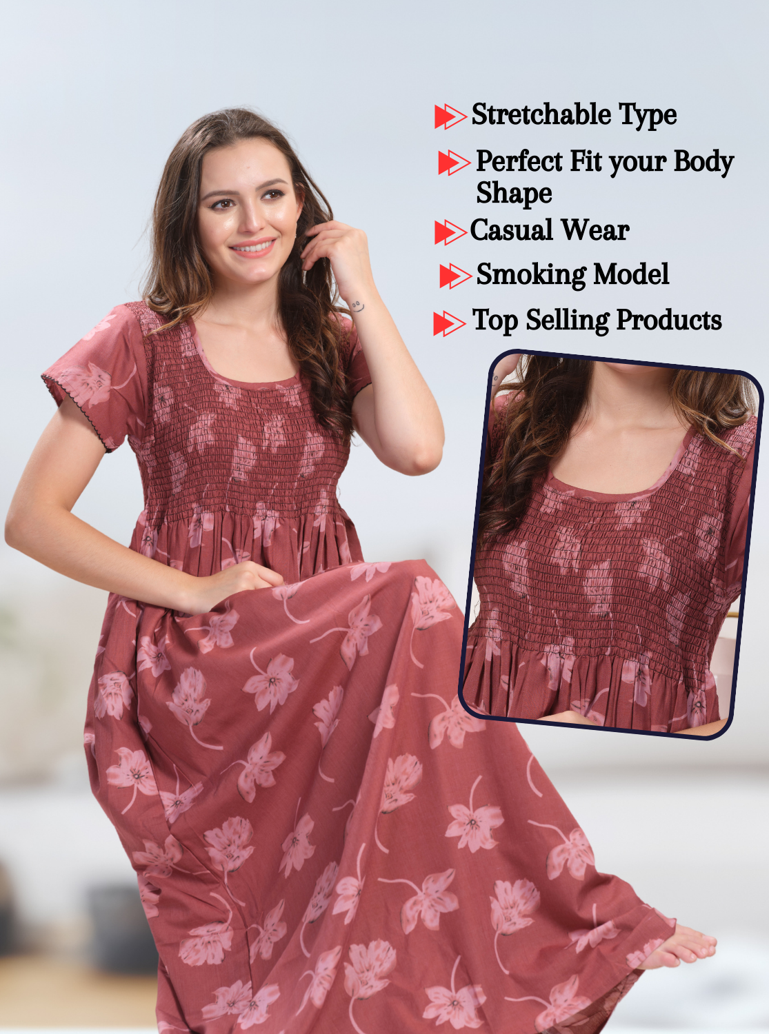 ONLY MINE Premium Smokey Nighty | Stretchable Elastic Type | Beautiful Pleated Model | Side Pocket | Stylish Nighty for Stylish Women's (OM-RAH)