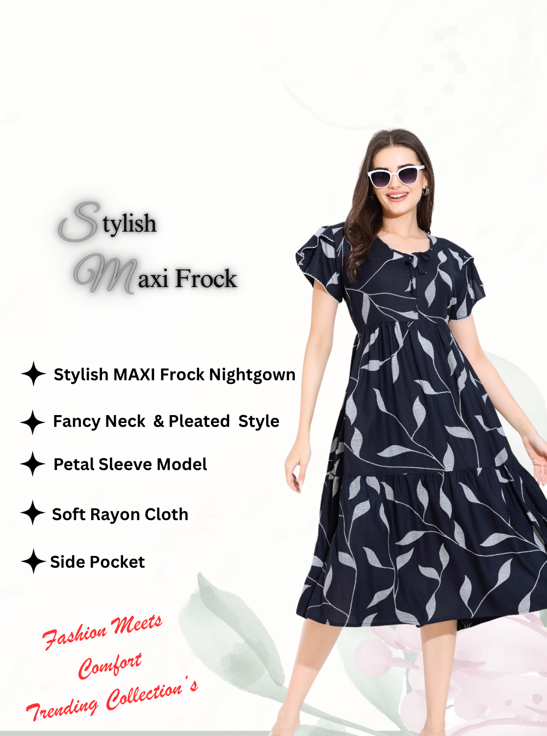 Rayon MAXI FROCK Model Nighties | Fancy Petal Sleeve | Fancy Neck & Side Pocket | Pleated Frock MAXI Style | Trendy Collection's for Stylish Women & Teenage Girl (FSF)