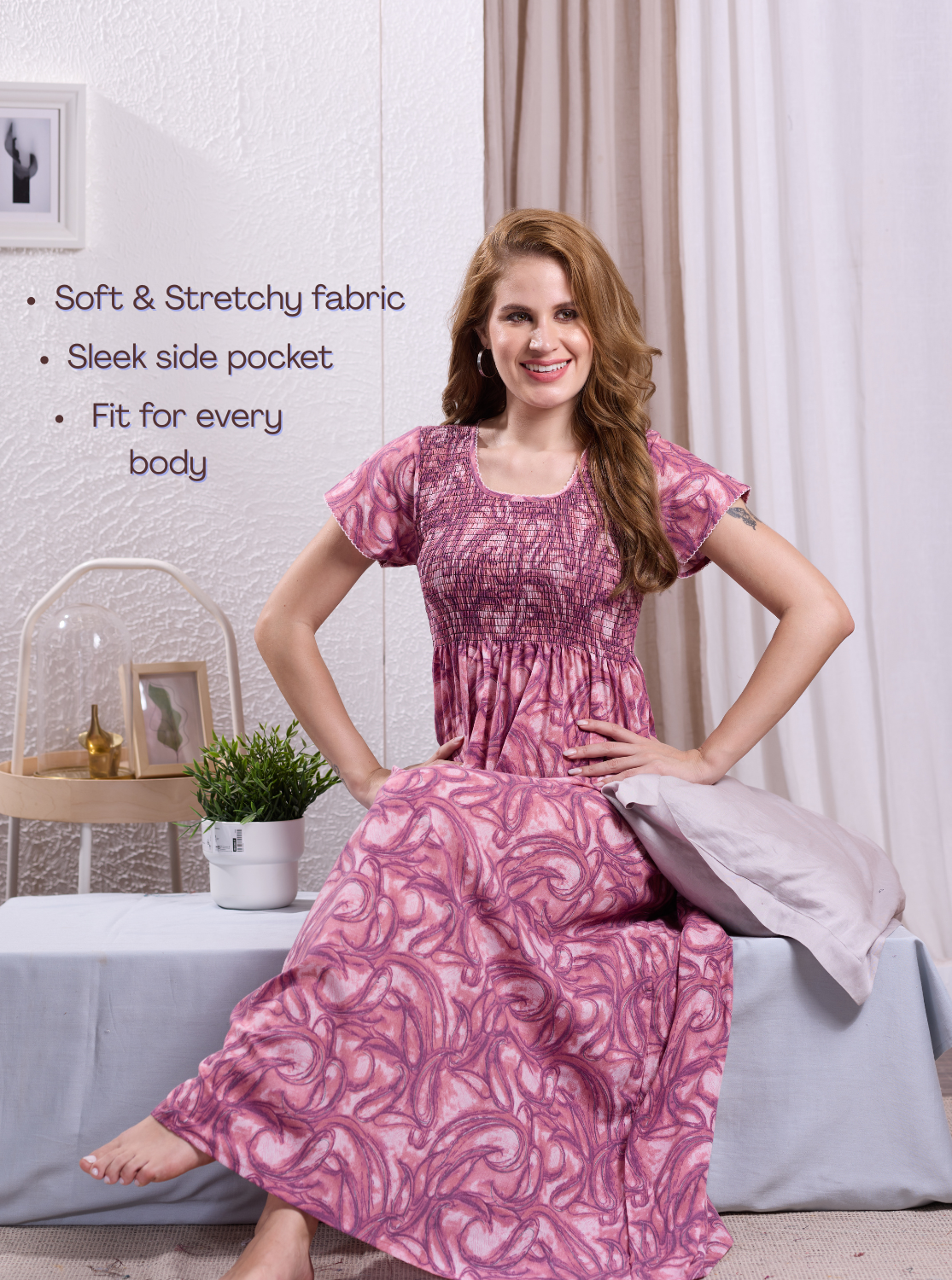 New Smocking Nighty | Stretchable Elastic Type | Beautiful Pleated Model | Side Pocket | Stylish Nighty for Stylish Women's (OM-RAH)