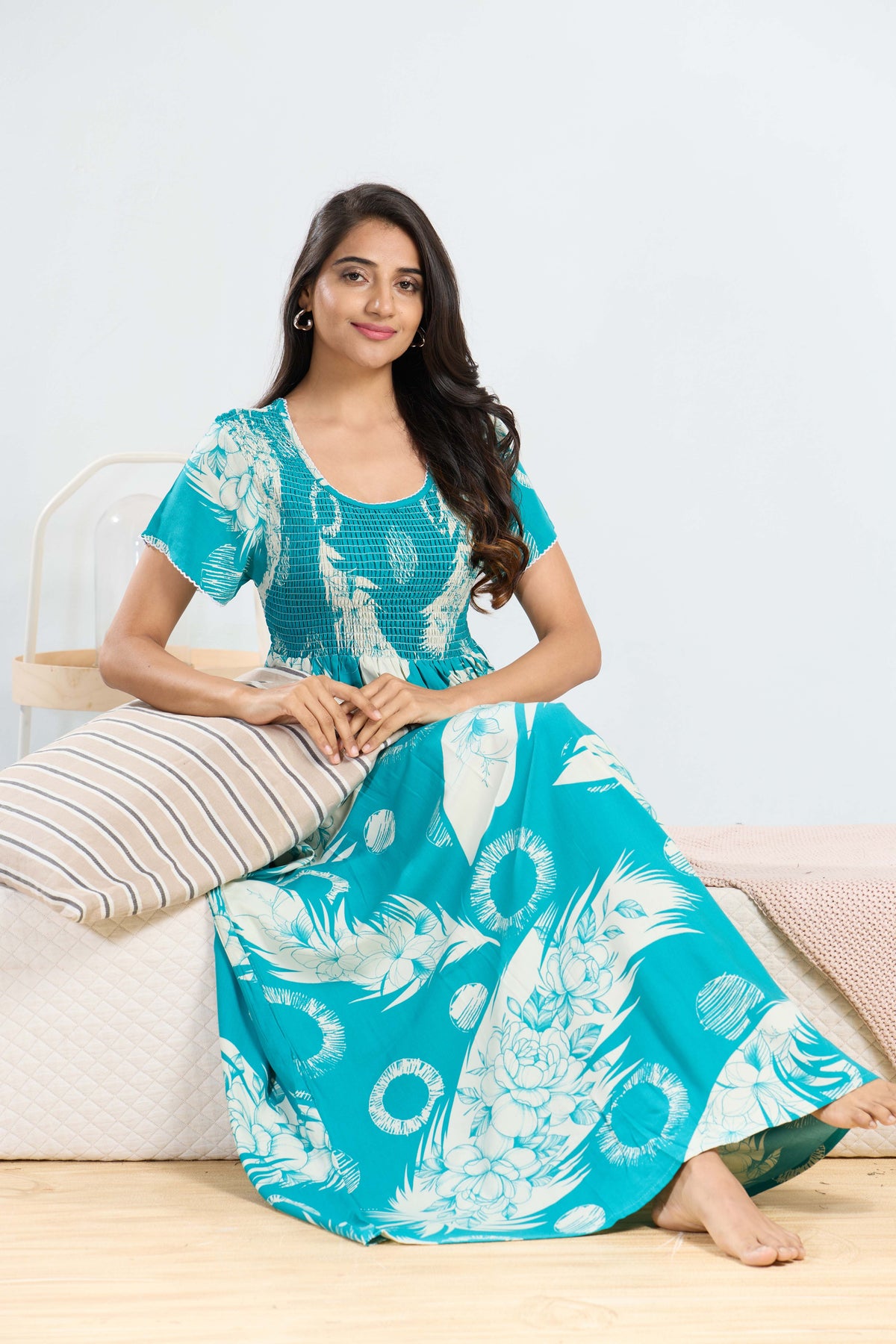 MANGAI RAYON Smocking Nighty | Beautiful Pleated Design | Side Pocket | Stylish Nighty for Trendy Women's | Your Perfect Nightwear Collection's (SRN)