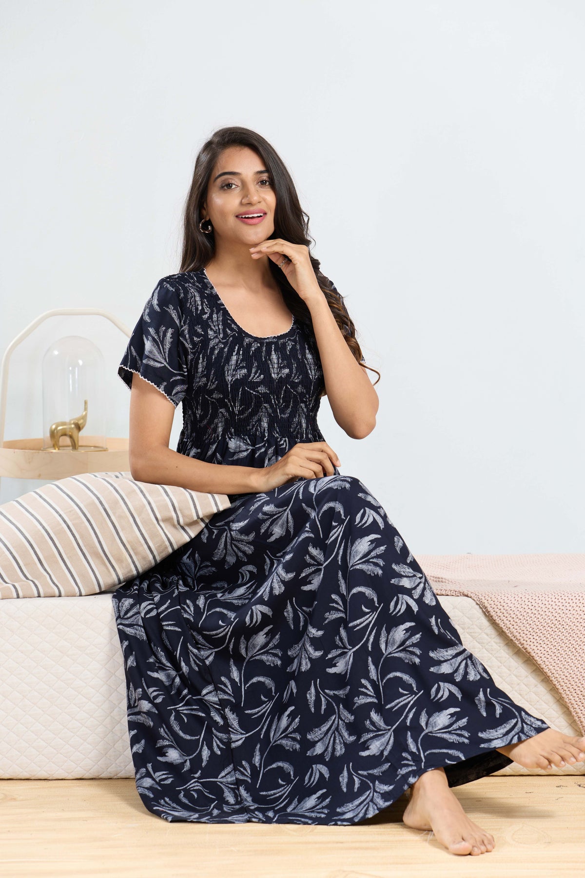 MANGAI RAYON Smocking Nighty | Beautiful Pleated Design | Side Pocket | Stylish Nighty for Trendy Women's | Your Perfect Nightwear Collection's (SRN)