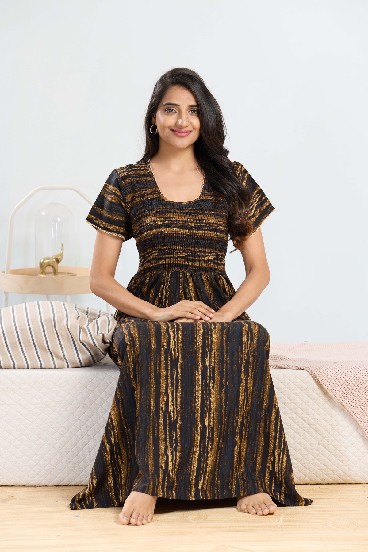 MANGAI RAYON Smocking Nighty | Beautiful Pleated Design | Side Pocket | Stylish Nighty for Trendy Women's | Your Perfect Nightwear Collection's (SRN)