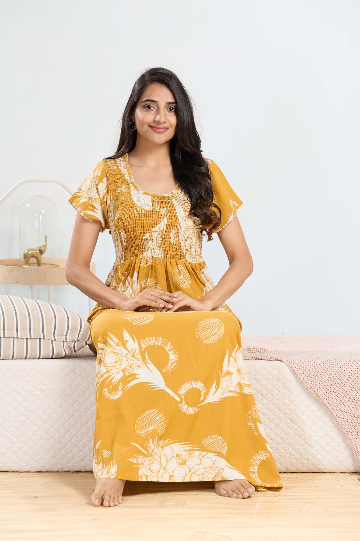 MANGAI RAYON Smocking Nighty | Beautiful Pleated Design | Side Pocket | Stylish Nighty for Trendy Women's | Your Perfect Nightwear Collection's (SRN)