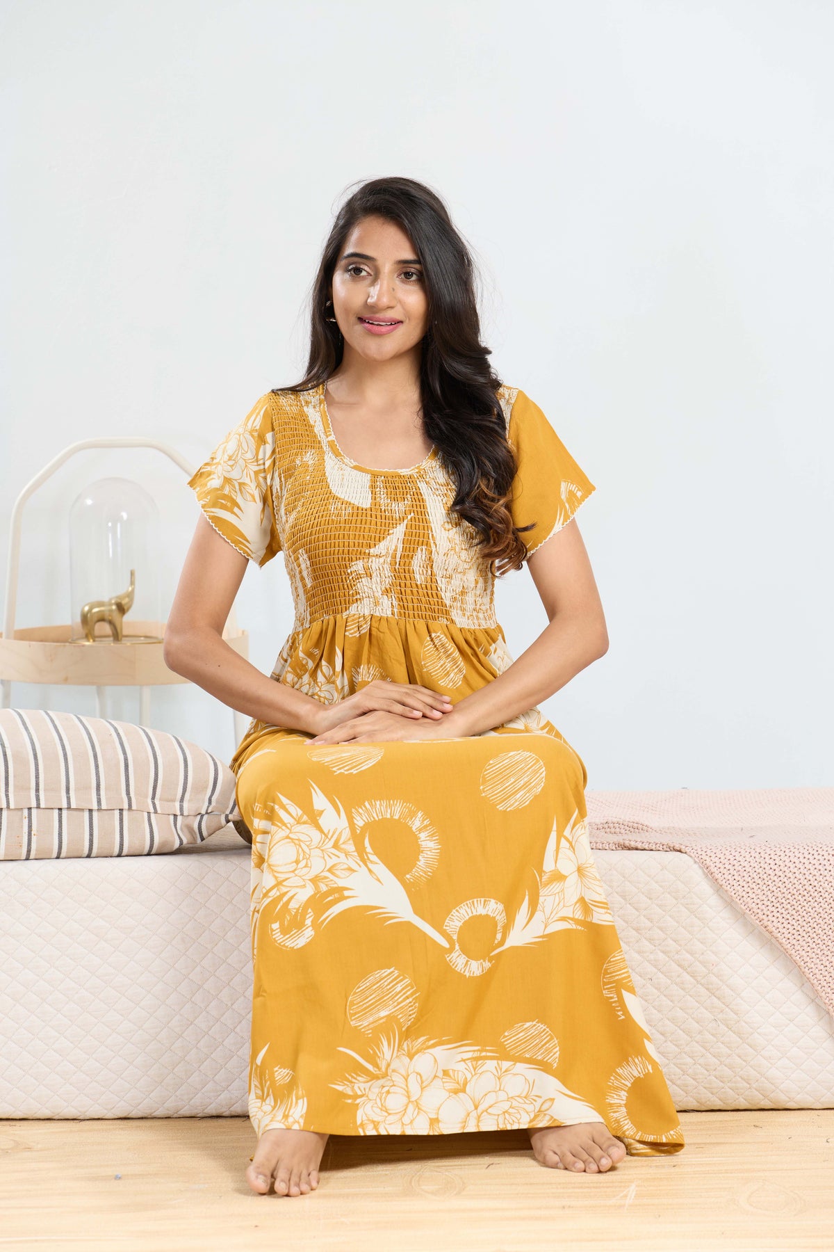 MANGAI RAYON Smocking Nighty | Beautiful Pleated Design | Side Pocket | Stylish Nighty for Trendy Women's | Your Perfect Nightwear Collection's (SRN)