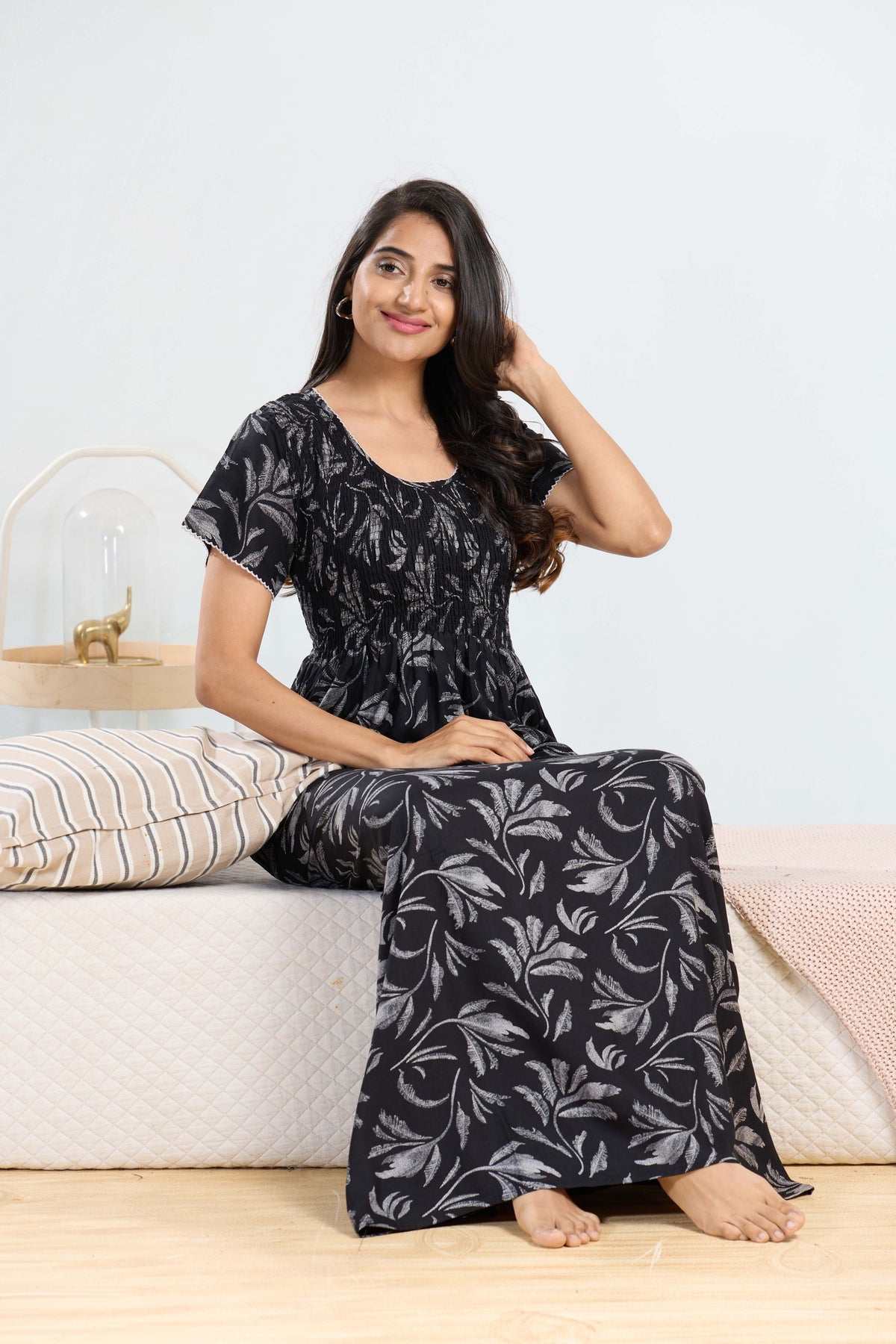 MANGAI RAYON Smocking Nighty | Beautiful Pleated Design | Side Pocket | Stylish Nighty for Trendy Women's | Your Perfect Nightwear Collection's (SRN)