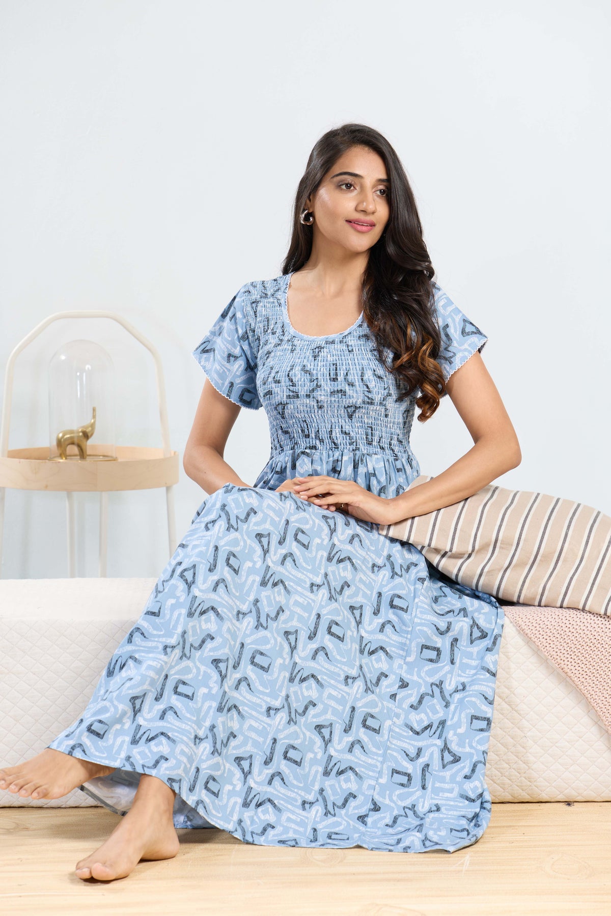 MANGAI RAYON Smocking Nighty | Beautiful Pleated Design | Side Pocket | Stylish Nighty for Trendy Women's | Your Perfect Nightwear Collection's (SRN)