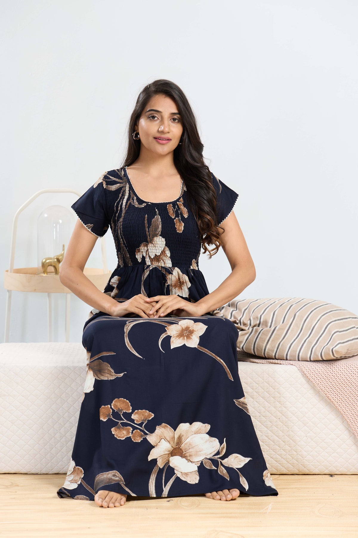 MANGAI RAYON Smocking Nighty | Beautiful Pleated Design | Side Pocket | Stylish Nighty for Trendy Women's | Your Perfect Nightwear Collection's (SRN)