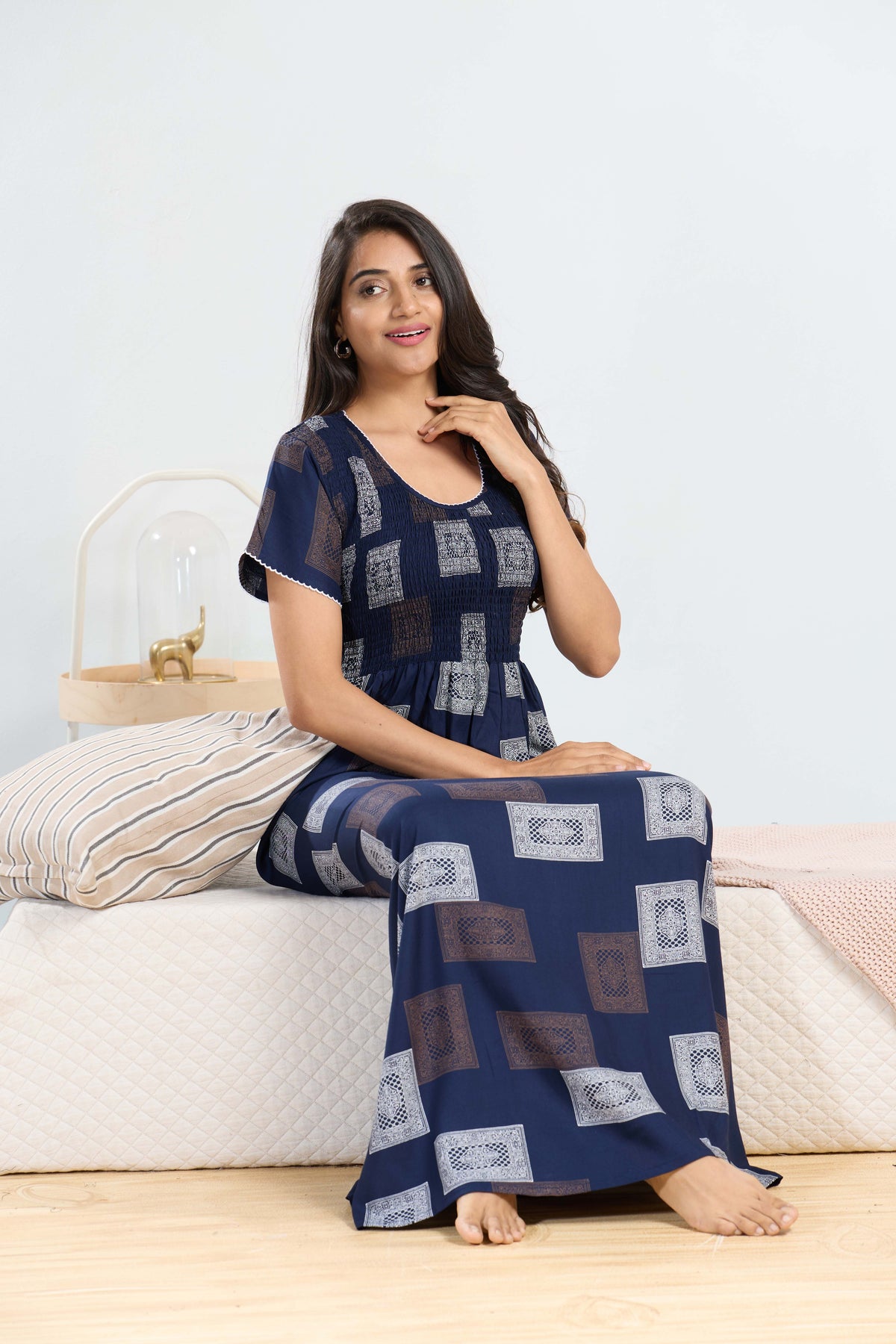 MANGAI RAYON Smocking Nighty | Beautiful Pleated Design | Side Pocket | Stylish Nighty for Trendy Women's | Your Perfect Nightwear Collection's (SRN)