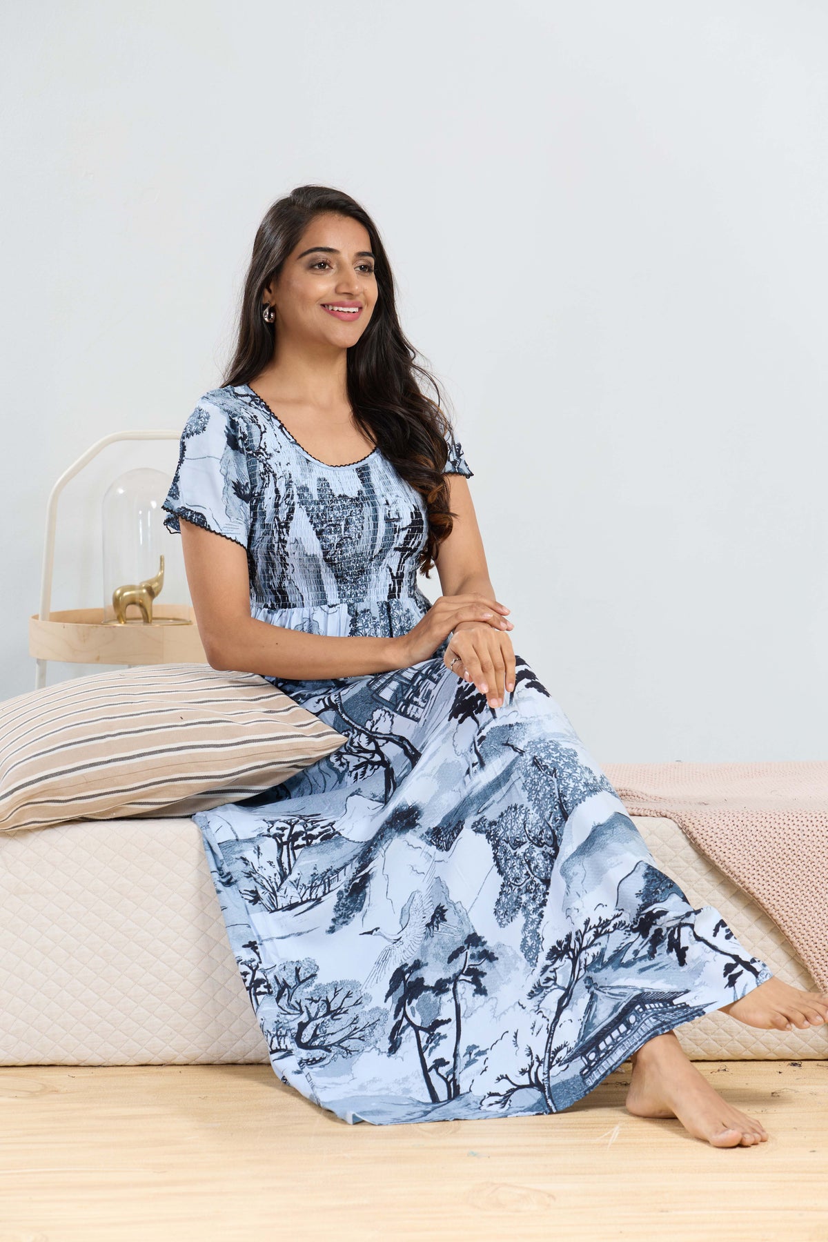 MANGAI RAYON Smocking Nighty | Beautiful Pleated Design | Side Pocket | Stylish Nighty for Trendy Women's | Your Perfect Nightwear Collection's (SRN)