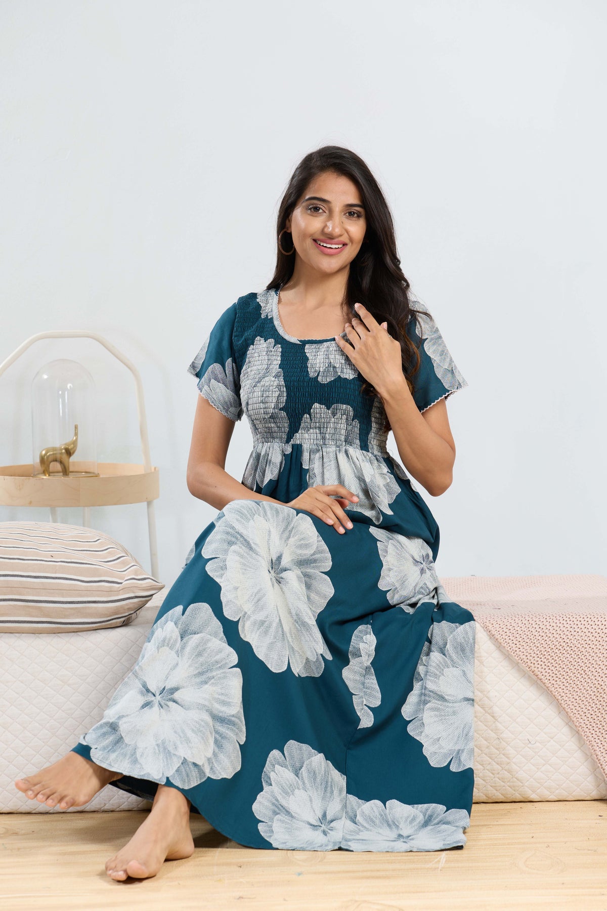 MANGAI RAYON Smocking Nighty | Beautiful Pleated Design | Side Pocket | Stylish Nighty for Trendy Women's | Your Perfect Nightwear Collection's (SRN)