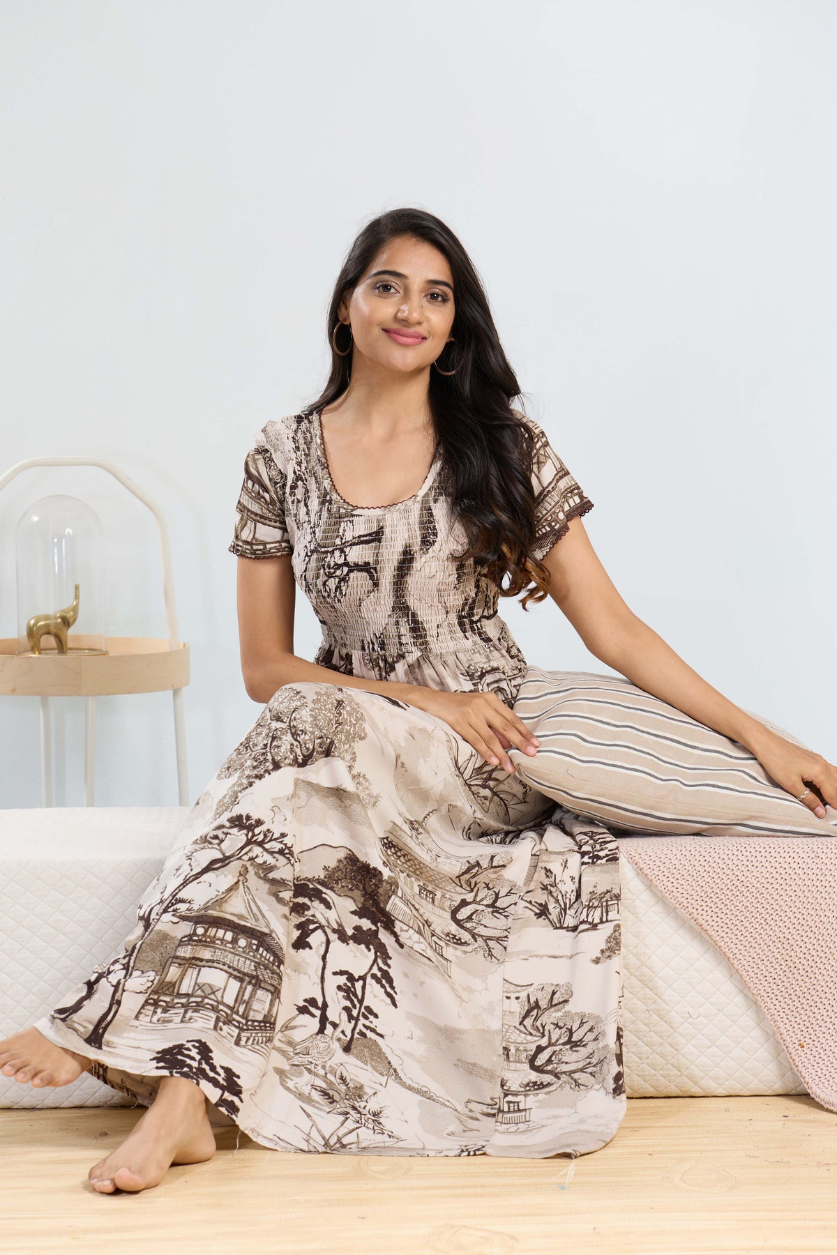 MANGAI RAYON Smocking Nighty | Beautiful Pleated Design | Side Pocket | Stylish Nighty for Trendy Women's | Your Perfect Nightwear Collection's (SRN)