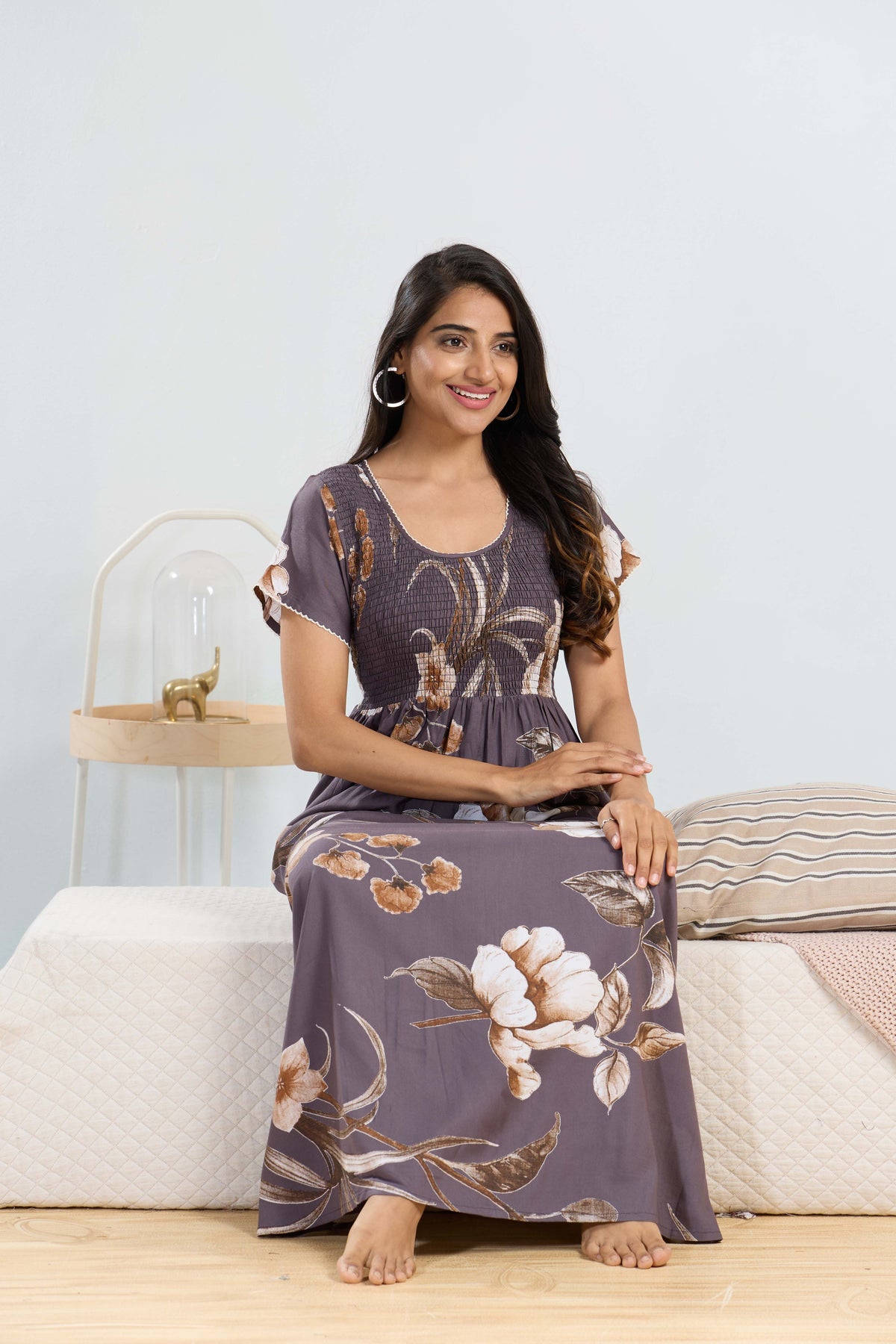 MANGAI RAYON Smocking Nighty | Beautiful Pleated Design | Side Pocket | Stylish Nighty for Trendy Women's | Your Perfect Nightwear Collection's (SRN)