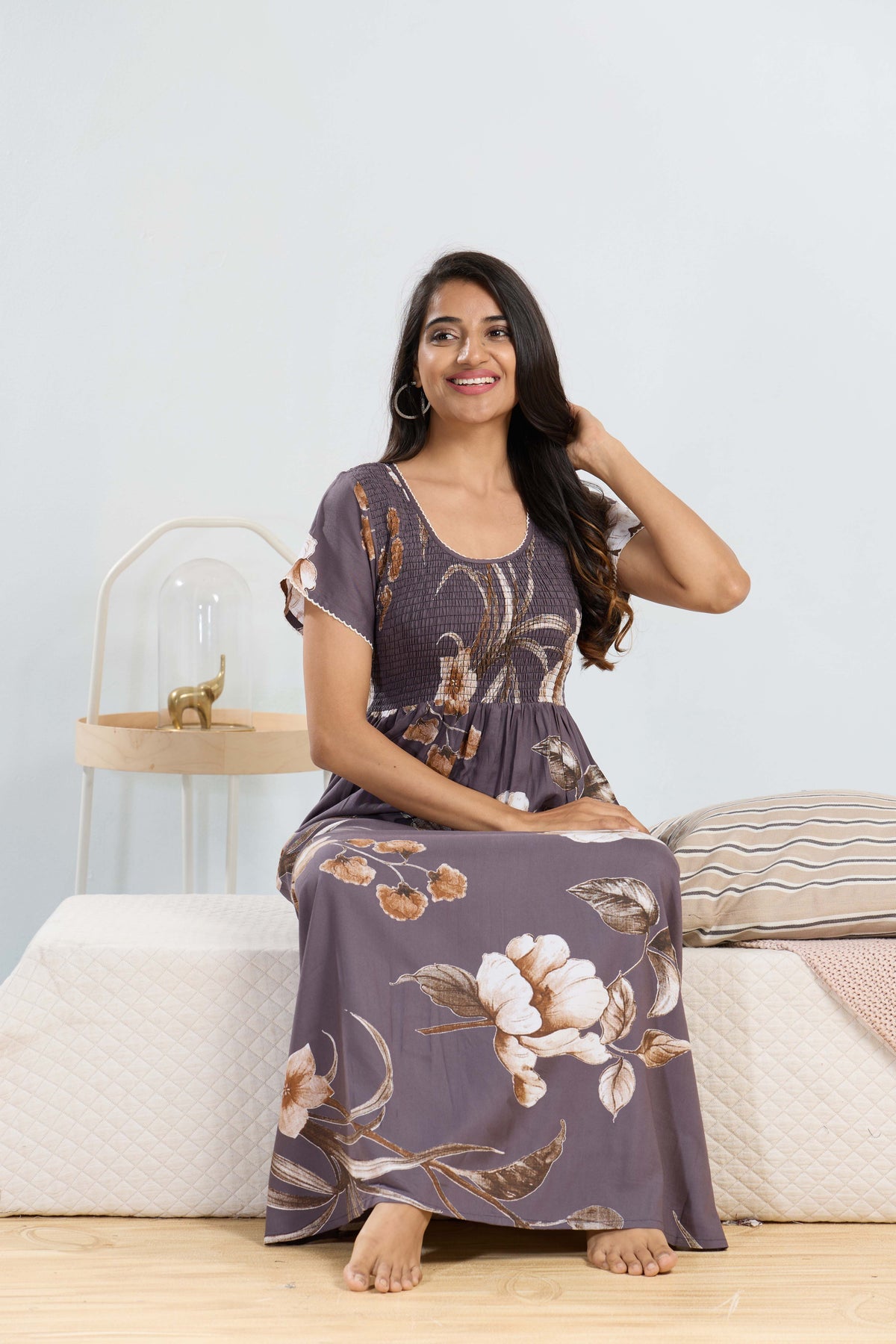 MANGAI RAYON Smocking Nighty | Beautiful Pleated Design | Side Pocket | Stylish Nighty for Trendy Women's | Your Perfect Nightwear Collection's (SRN)