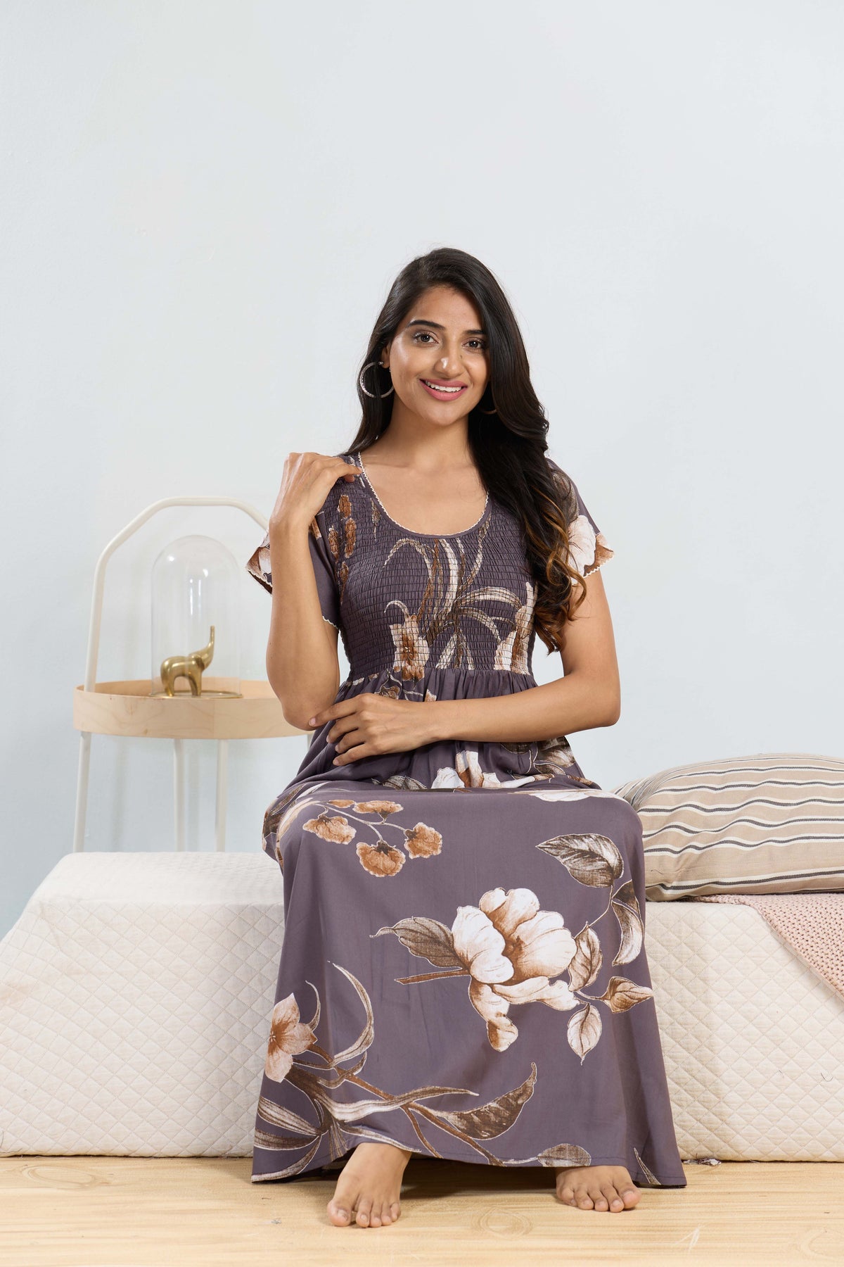 MANGAI RAYON Smocking Nighty | Beautiful Pleated Design | Side Pocket | Stylish Nighty for Trendy Women's | Your Perfect Nightwear Collection's (SRN)