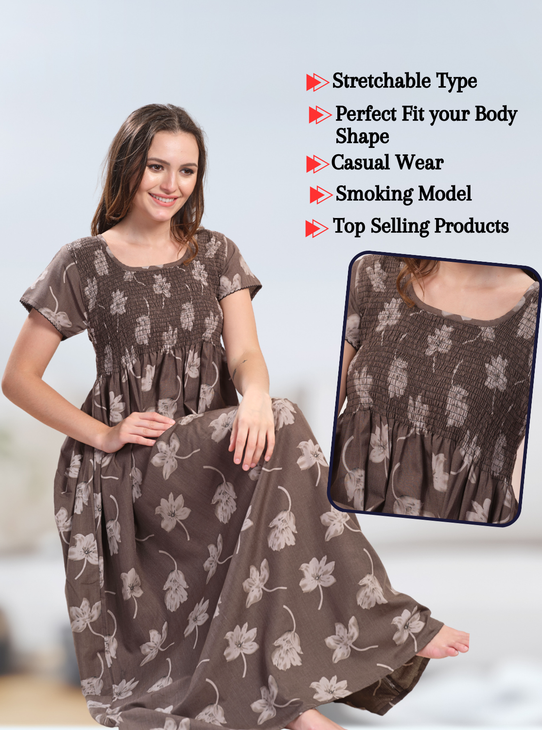 ONLY MINE Premium Smokey Nighty | Stretchable Elastic Type | Beautiful Pleated Model | Side Pocket | Stylish Nighty for Stylish Women's (OM-RAH)