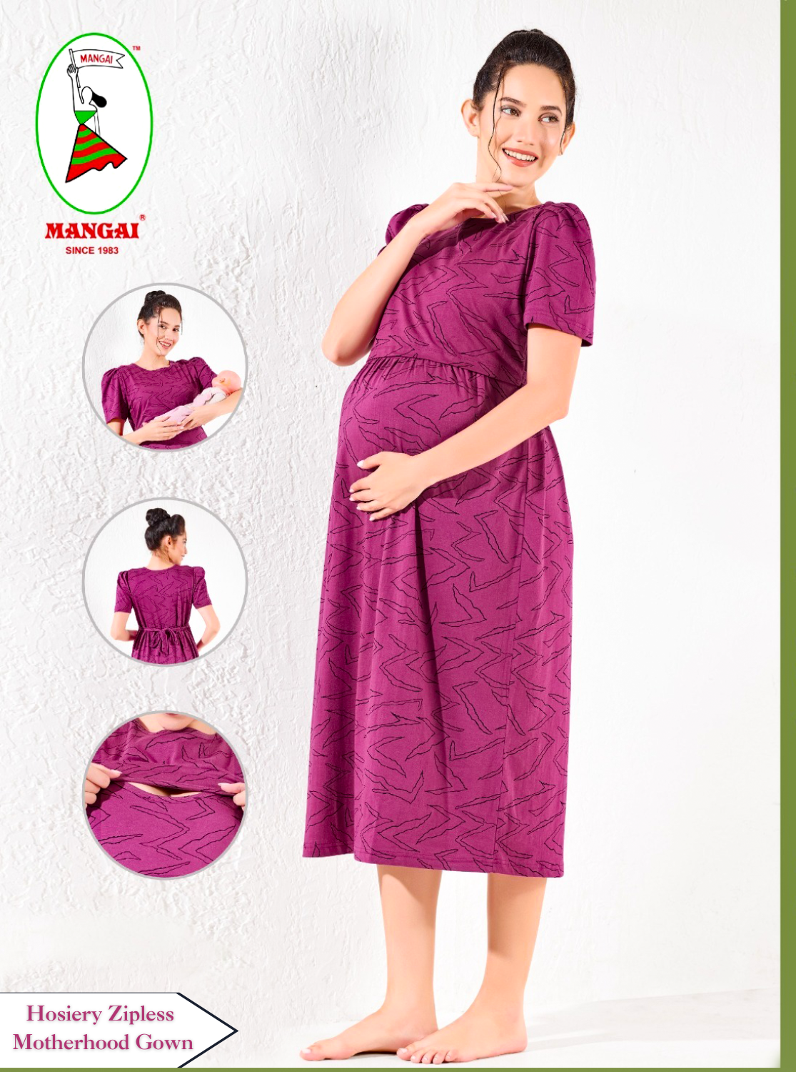 MANGAI HOSIERY Cotton Zipless Feeding Wear | Fancy Sleeve with Round Neck | Flap Open Zipless Feeding wear for Pregnancy Women (MMG)
