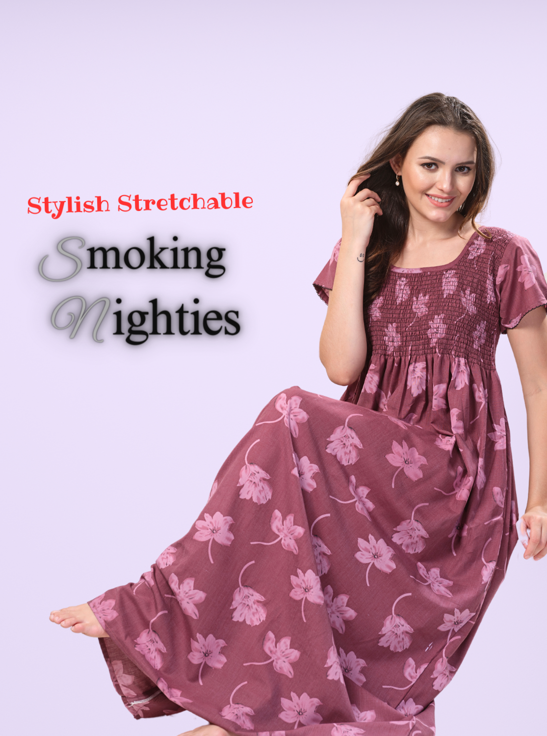 ONLY MINE Premium Smokey Nighty | Stretchable Elastic Type | Beautiful Pleated Model | Side Pocket | Stylish Nighty for Stylish Women's (OM-RAH)