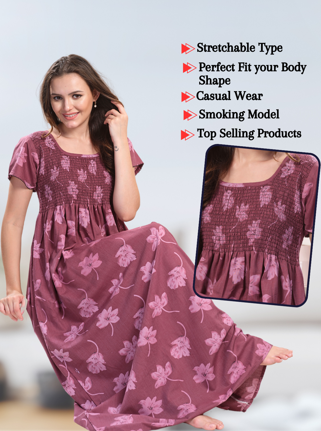 ONLY MINE Premium Smokey Nighty | Stretchable Elastic Type | Beautiful Pleated Model | Side Pocket | Stylish Nighty for Stylish Women's (OM-RAH)