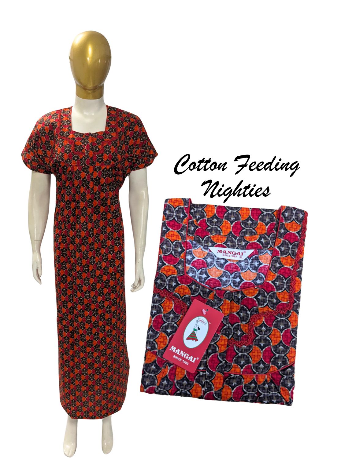 MANGAI Cotton Printed Feeding Nighties | Soft Cotton | Above Knee Length Covered | Front Open Zipper| Vertical Feeding Zipper | Feeding Nighties