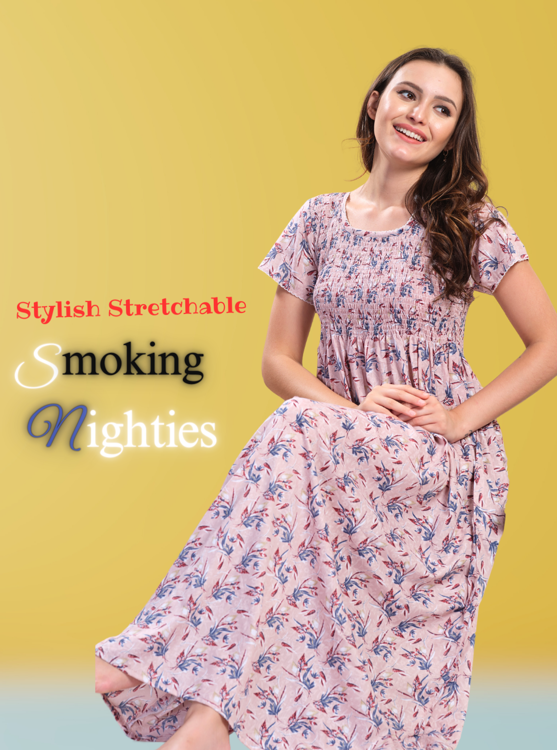 ONLY MINE Premium Smokey Nighty | Stretchable Elastic Type | Beautiful Pleated Model | Side Pocket | Stylish Nighty for Stylish Women's (OM-RAH)