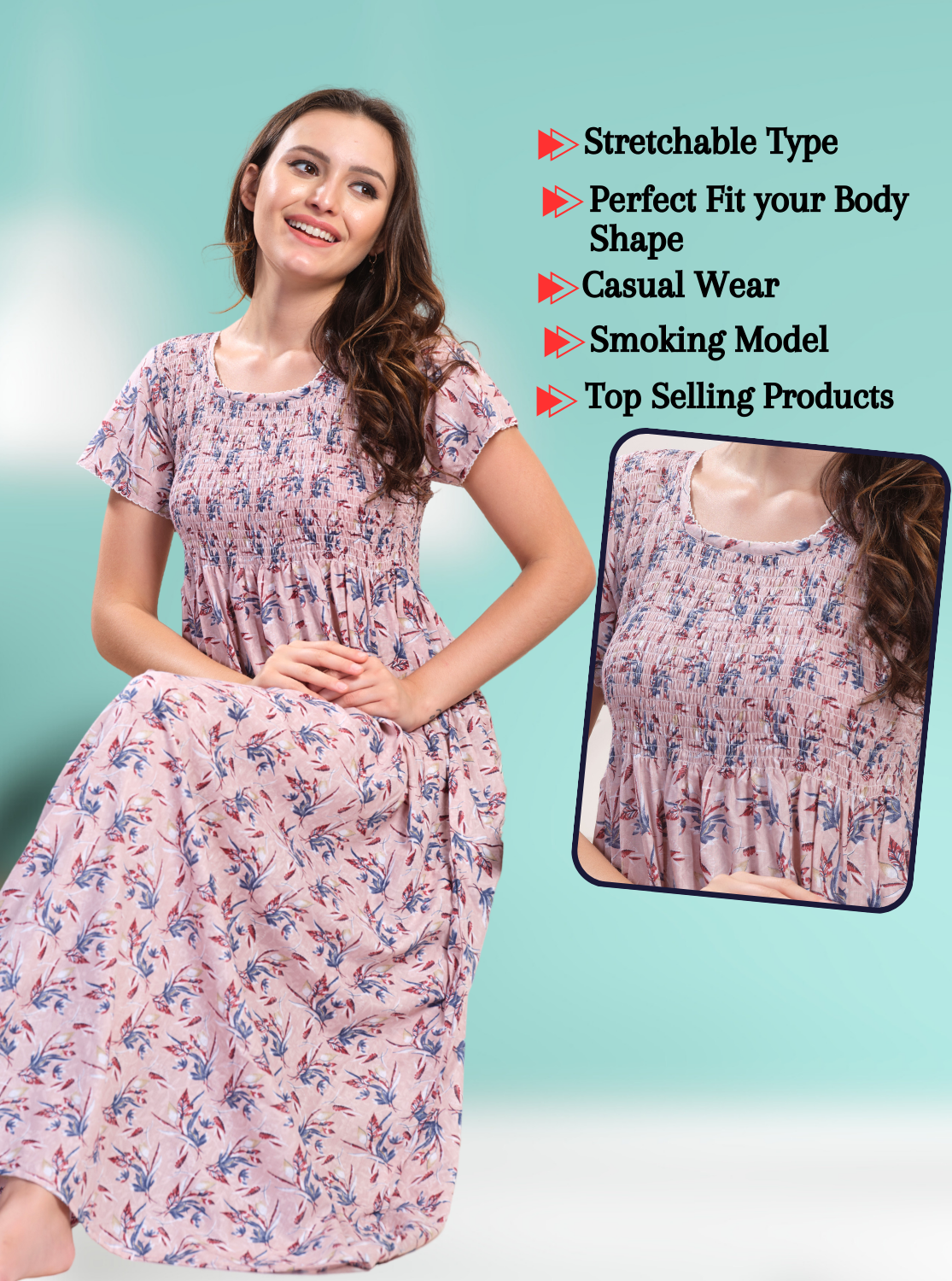 ONLY MINE Premium Smokey Nighty | Stretchable Elastic Type | Beautiful Pleated Model | Side Pocket | Stylish Nighty for Stylish Women's (OM-RAH)