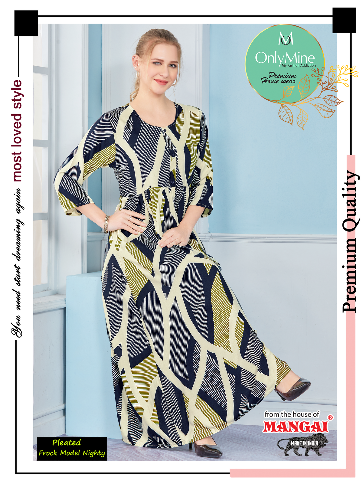 Latest Arrivals ONLY MINE Premium Rayon FROCK Model Pleated Nighties - Style 3/4 Length Sleeve | Soft & Smooth Cloths | Stylish Look | Perfect Nightdress for Trendy Women's (RCP)