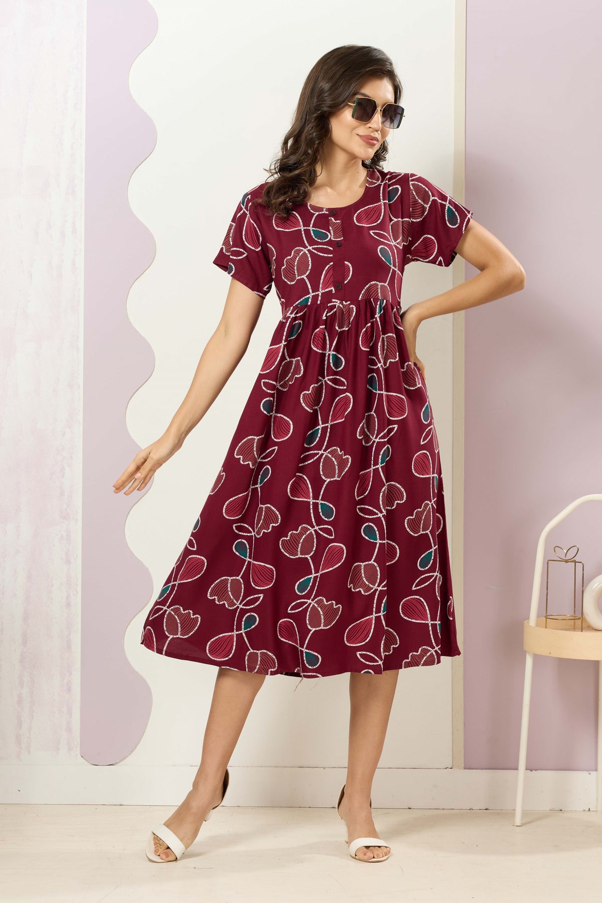 Rayon MAXI FROCK Model Nighties | Round Neck & Side Pocket | Pleated Frock MAXI Style | Trendy Collection's for Stylish Women & Teenage Girl (FRH)