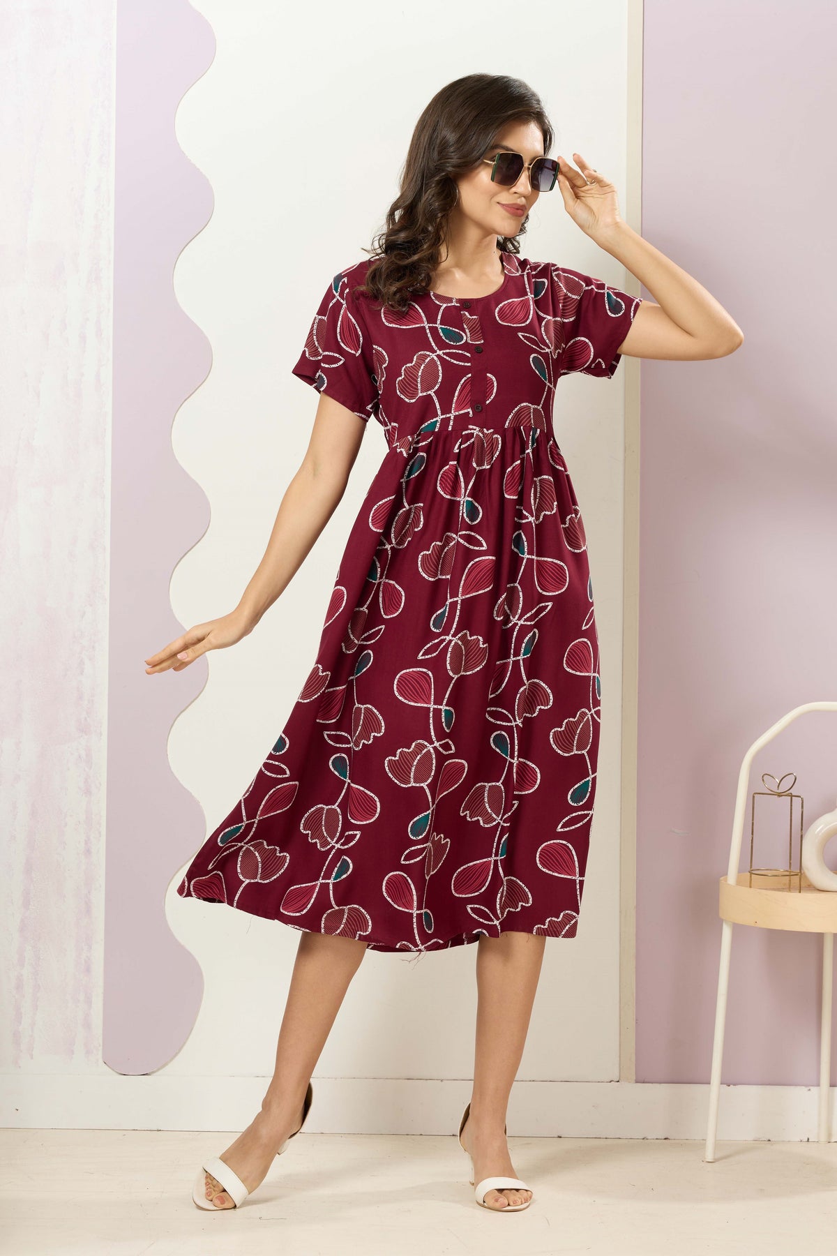 Rayon MAXI FROCK Model Nighties | Round Neck & Side Pocket | Pleated Frock MAXI Style | Trendy Collection's for Stylish Women & Teenage Girl (FRH)